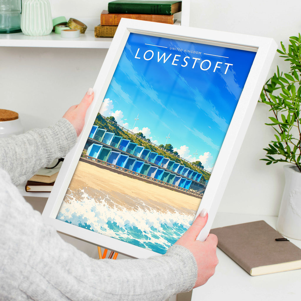 Lowestoft #2 Travel Poster in a white frame, held to show scale