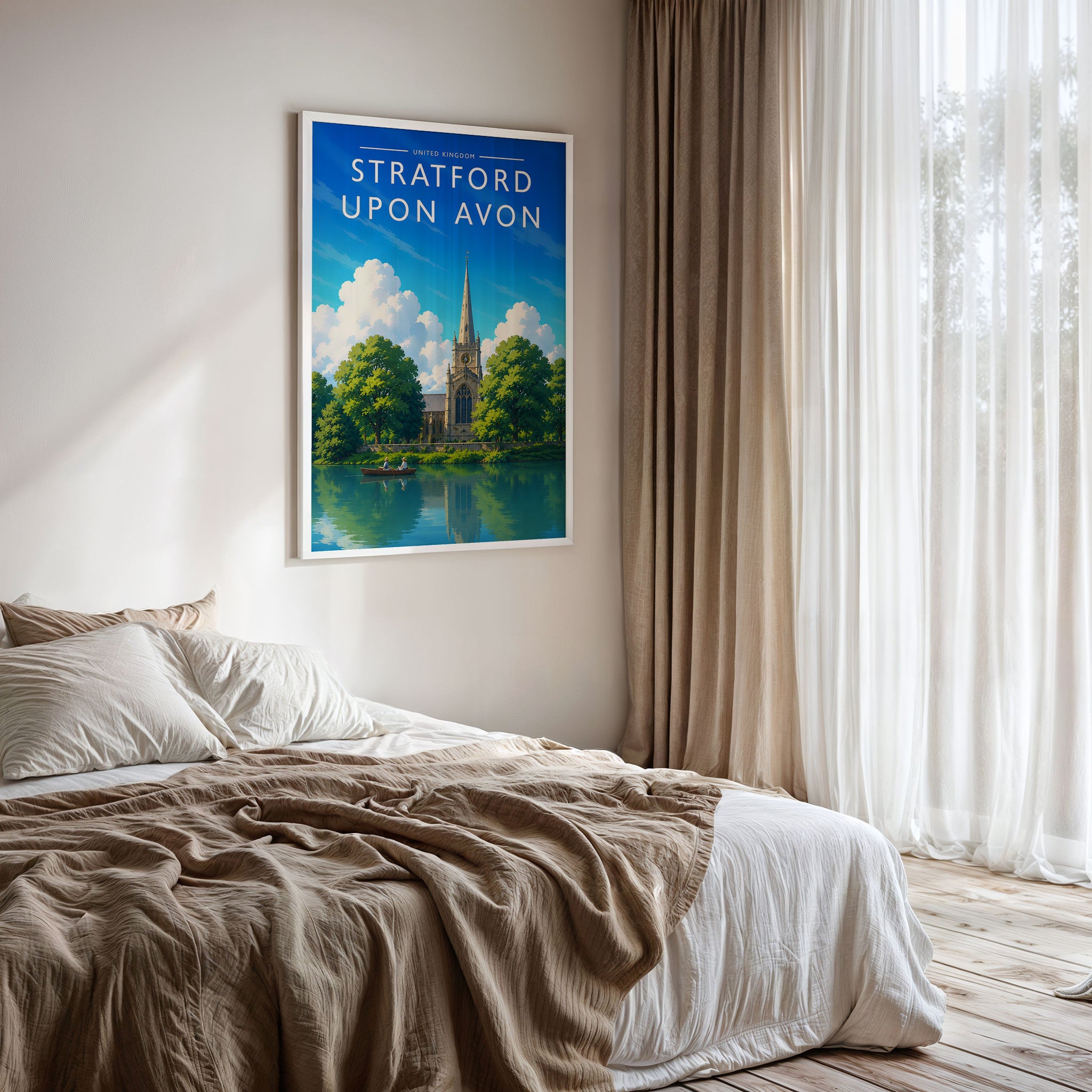 Stratford-upon-Avon #2 Travel Poster framed on a bedroom wall