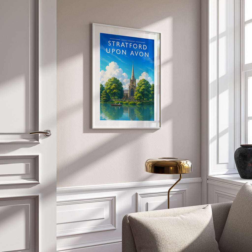 Stratford-upon-Avon #2 Travel Poster in a white frame on a panelled wall