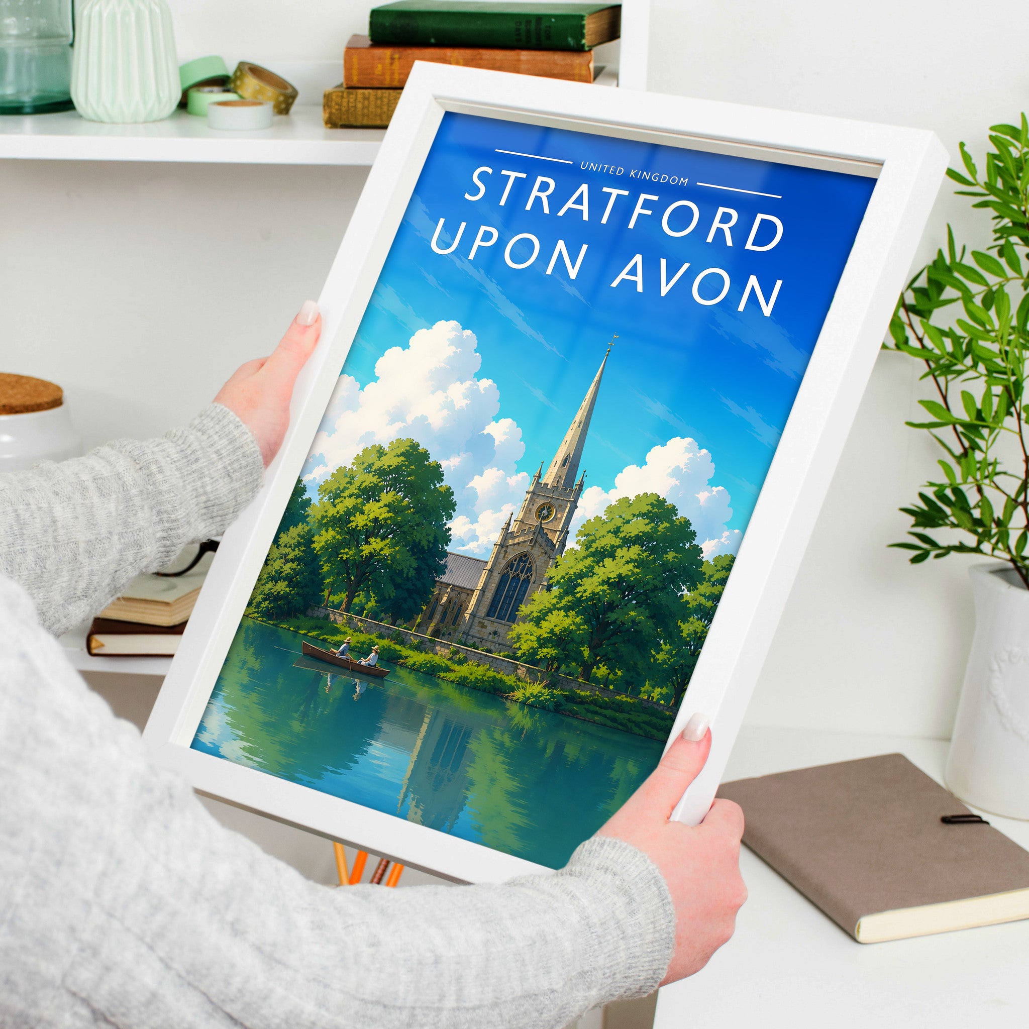 Stratford-upon-Avon #2 Travel Poster in a white frame, held to show scale