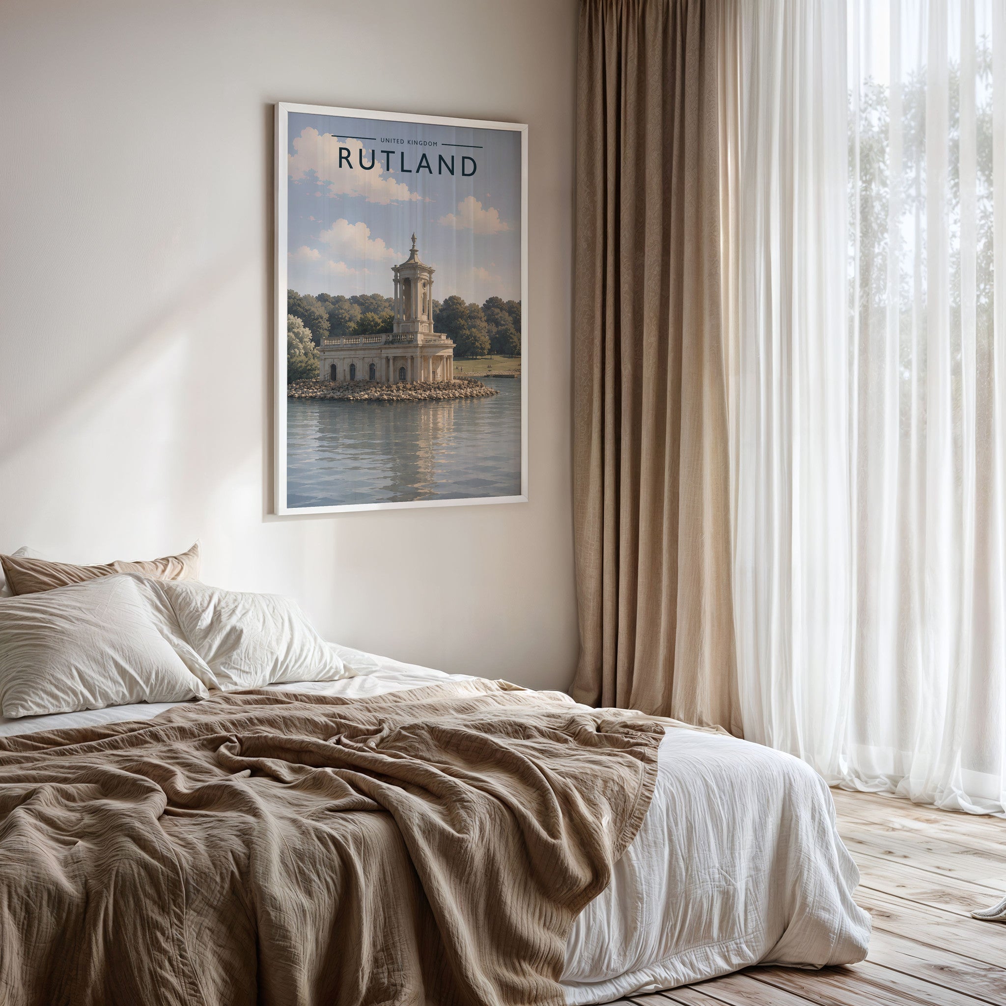 Rutland #3 Travel Poster framed on a bedroom wall