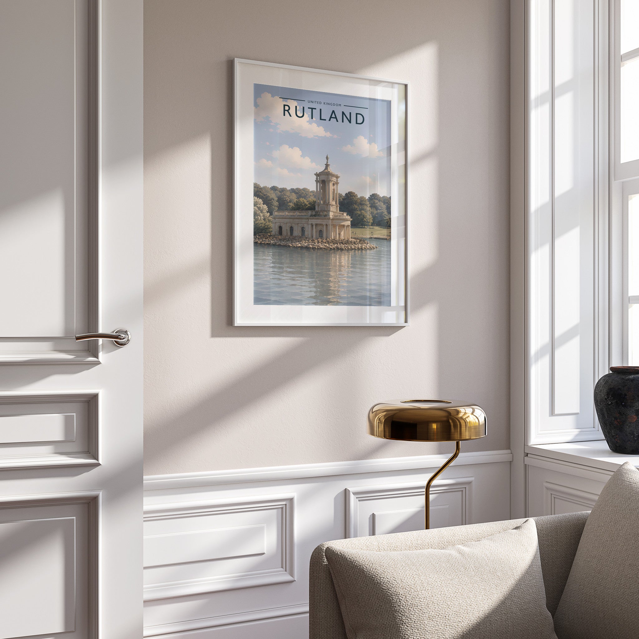 Rutland #3 Travel Poster in a white frame on a panelled wall