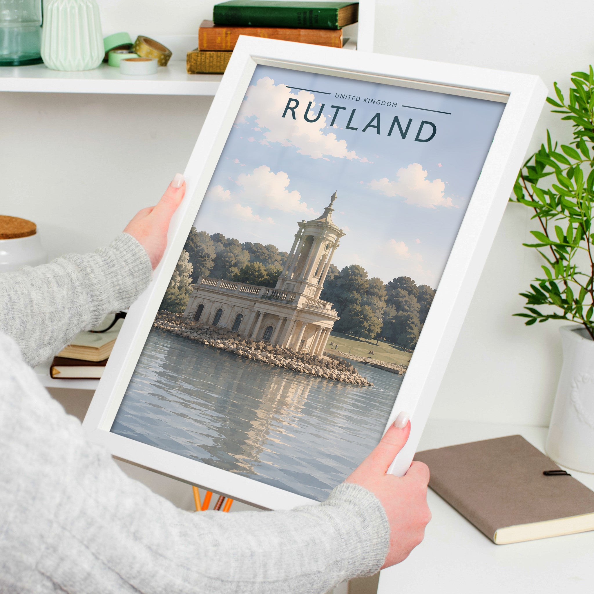 Rutland #3 Travel Poster in a white frame, held to show scale