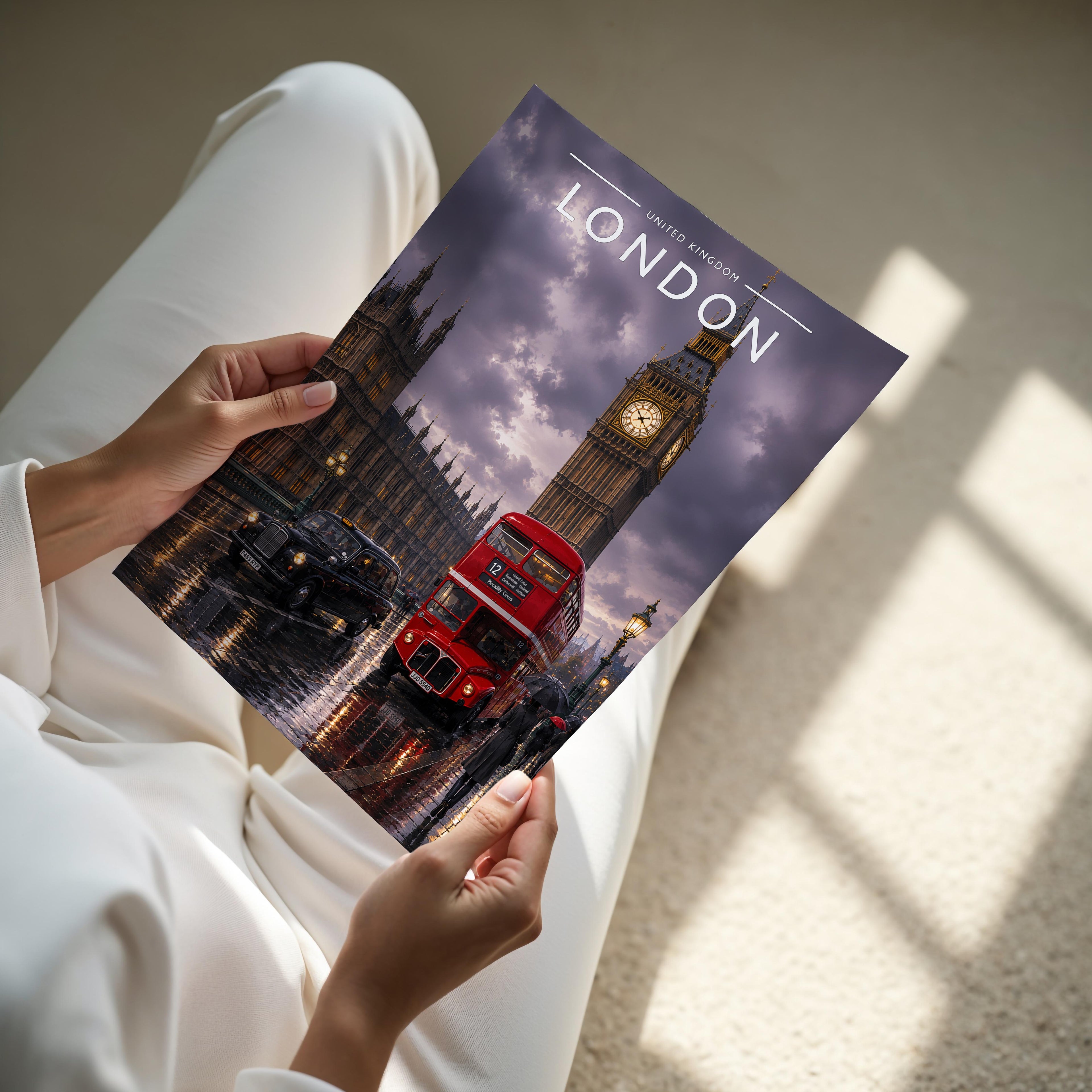 London #8 Travel Poster - A4 print held in hand