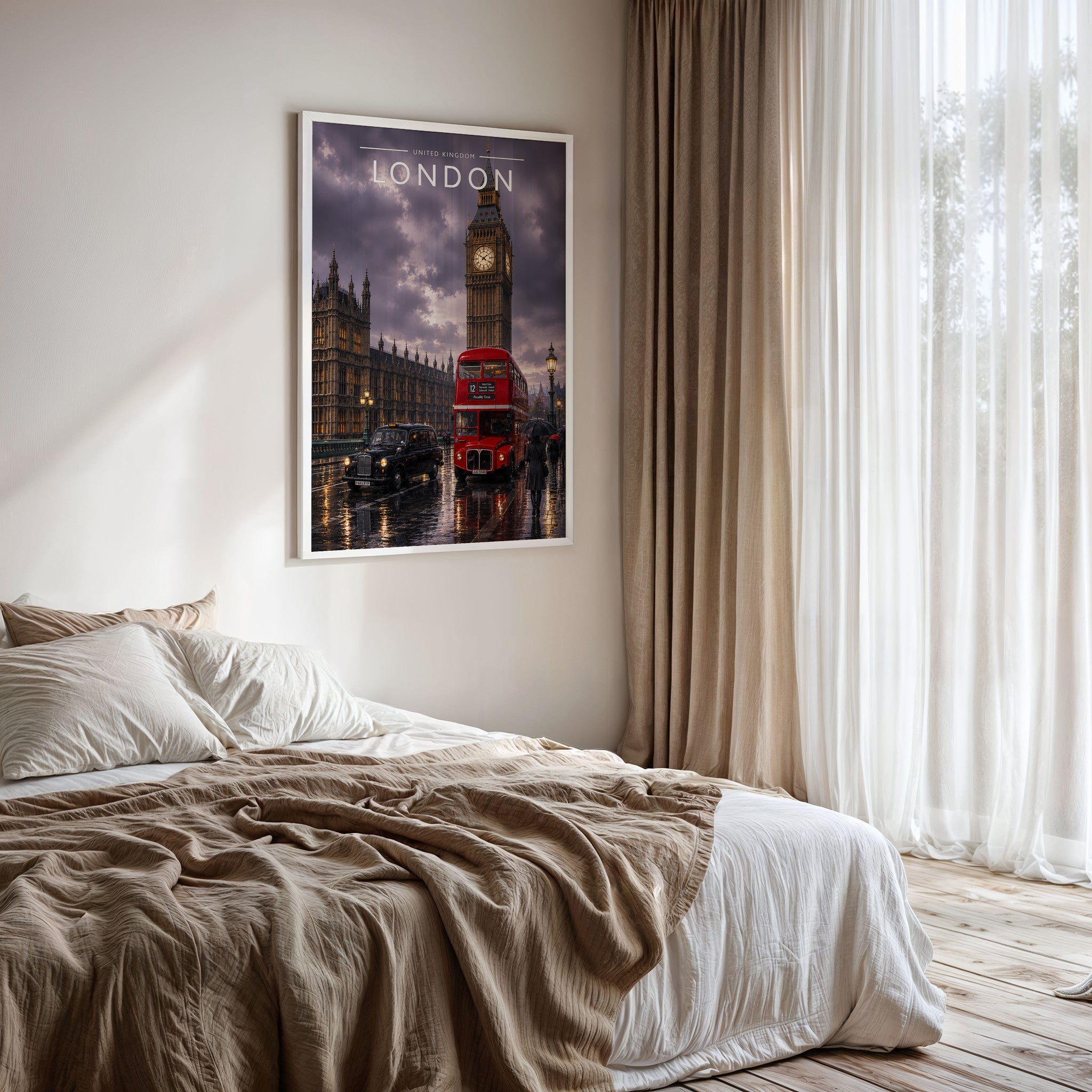 London #8 Travel Poster framed on a bedroom wall