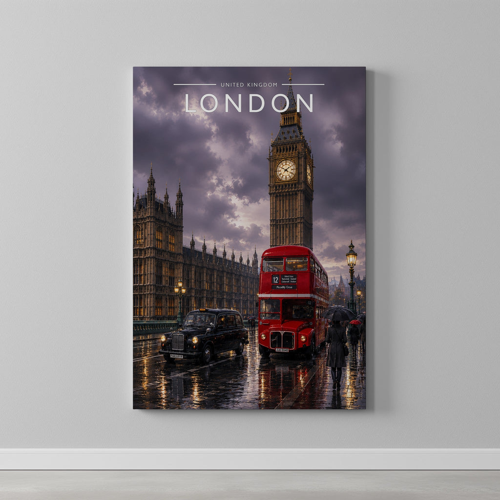 London #8 Travel Poster as a gallery-wrapped canvas on a plain wall
