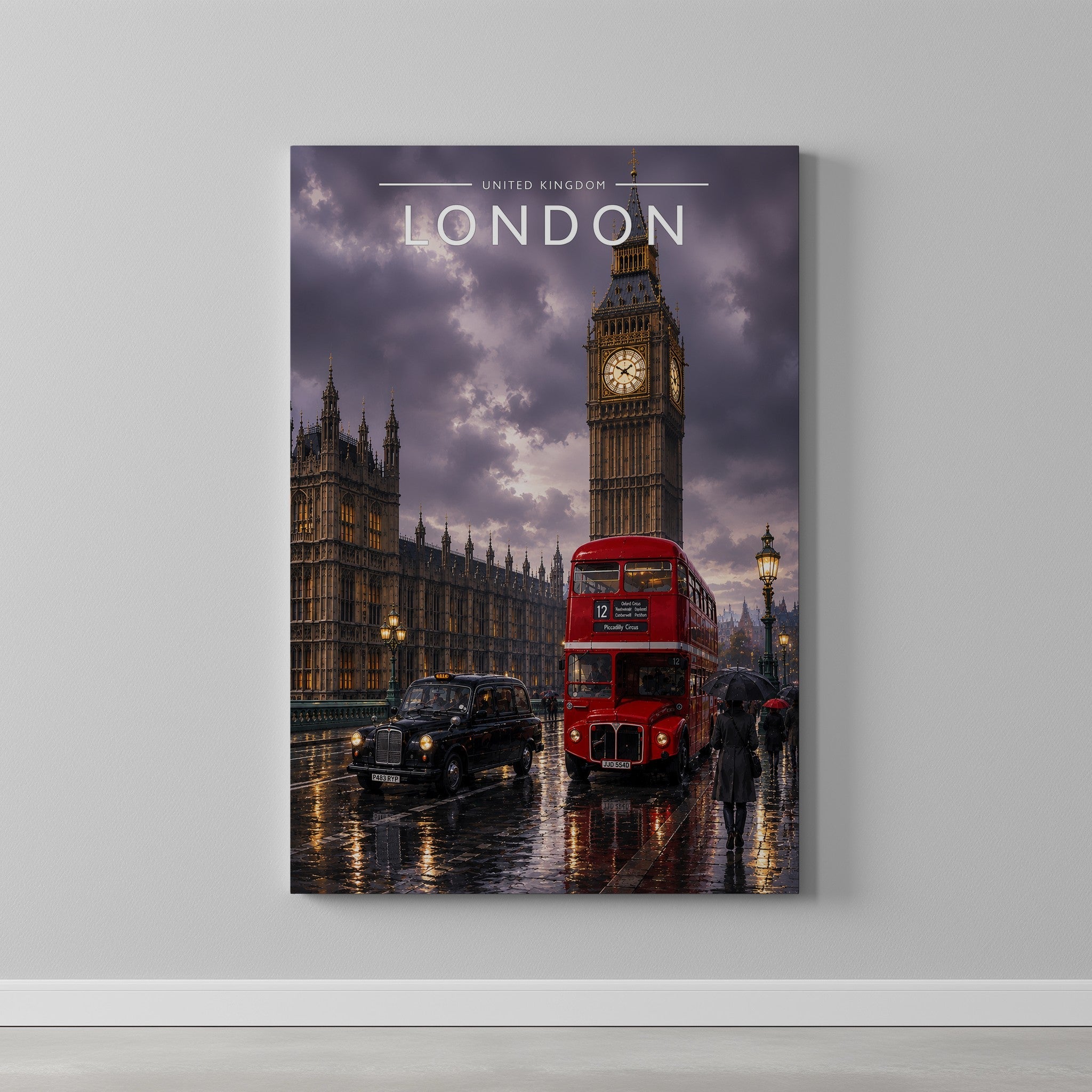 London #8 Travel Poster as a gallery-wrapped canvas on a plain wall
