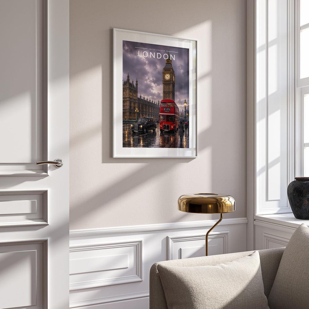 London #8 Travel Poster in a white frame on a panelled wall