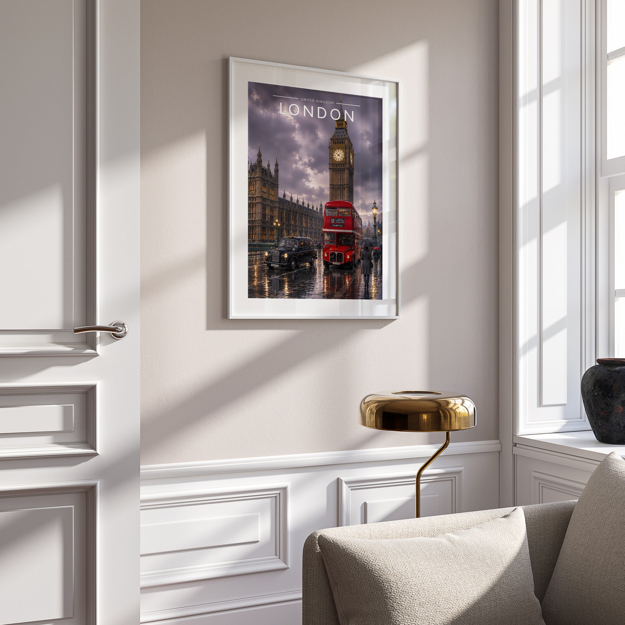 London #8 Travel Poster in a white frame on a panelled wall