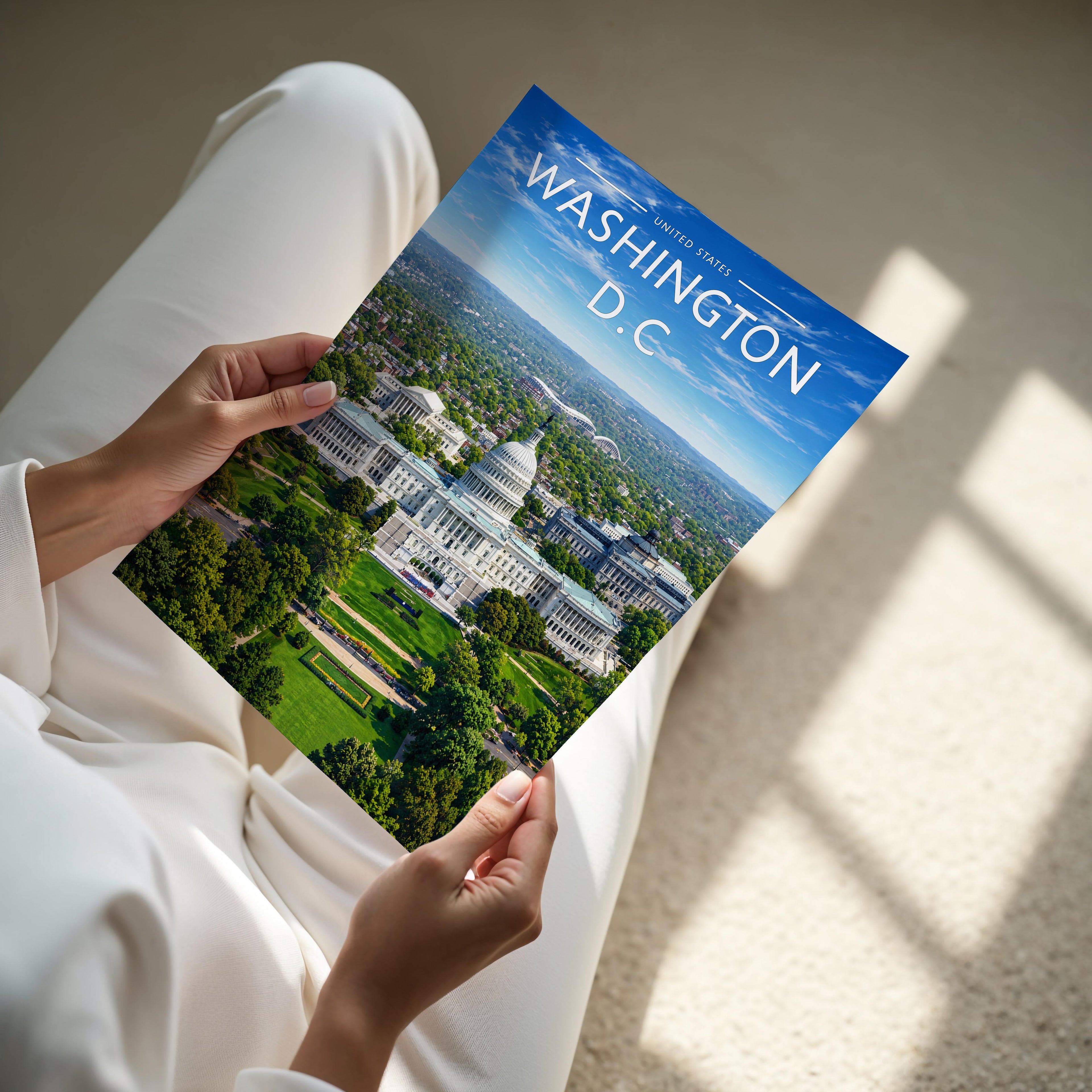 Washington D.C. Travel Poster - A4 print held in hand