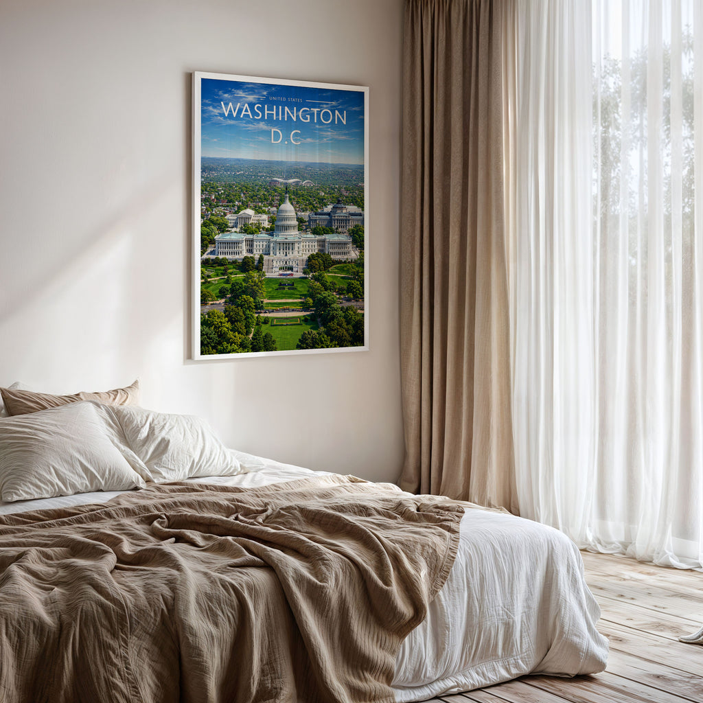 Washington D.C. Travel Poster framed on a bedroom wall