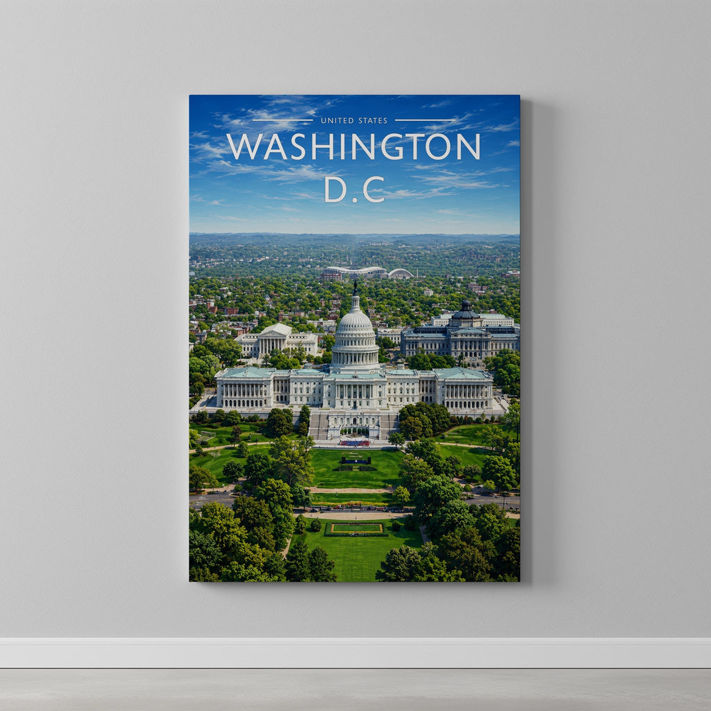 Washington D.C. Travel Poster as a gallery-wrapped canvas on a plain wall