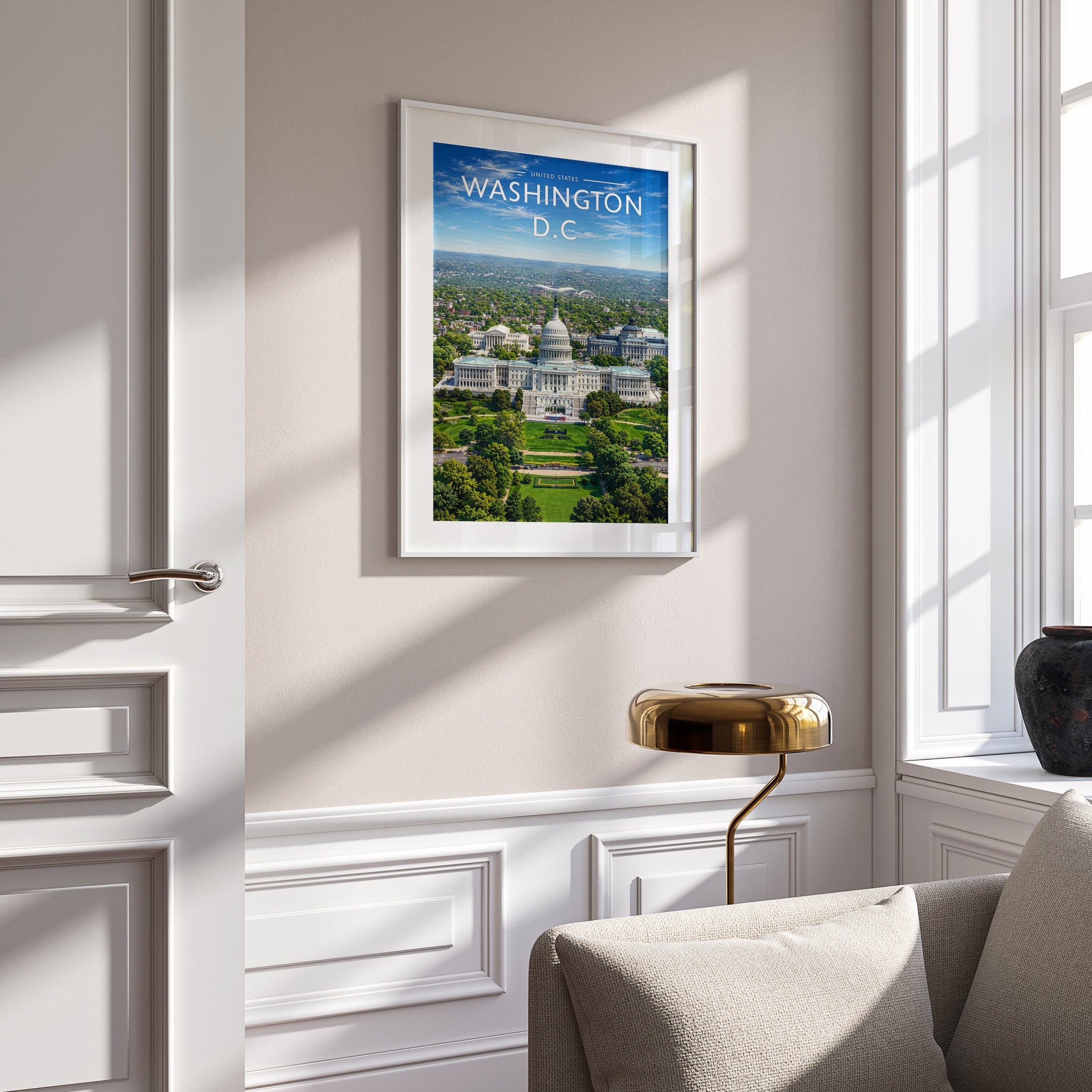 Washington D.C. Travel Poster in a white frame on a panelled wall