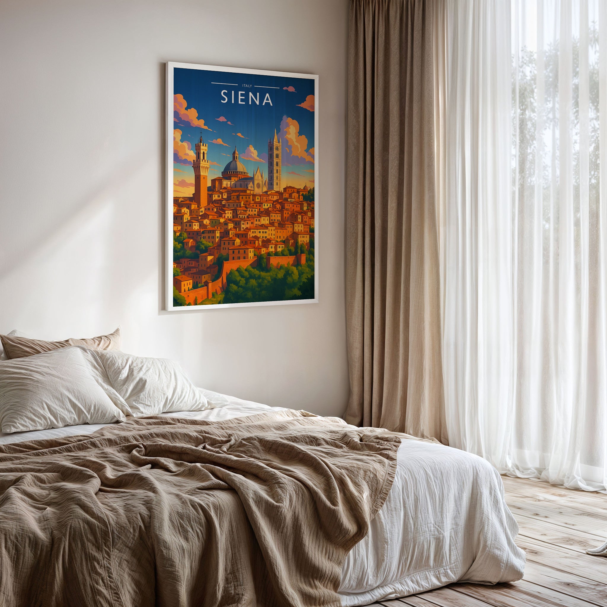 Siena Travel Poster framed on a bedroom wall