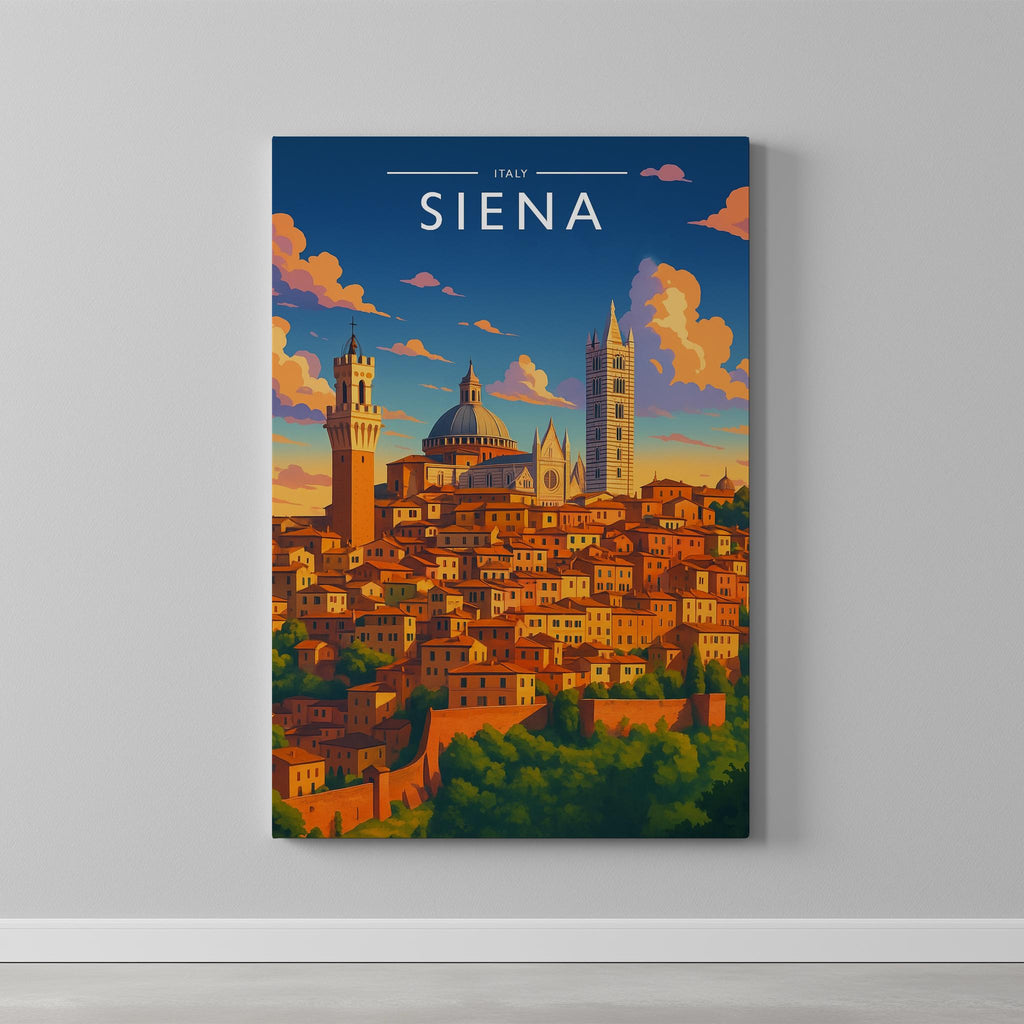 Siena Travel Poster as a gallery-wrapped canvas on a plain wall