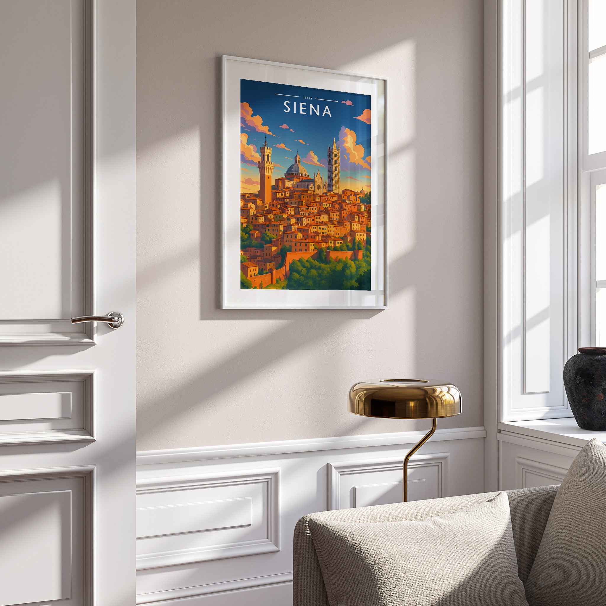 Siena Travel Poster in a white frame on a panelled wall