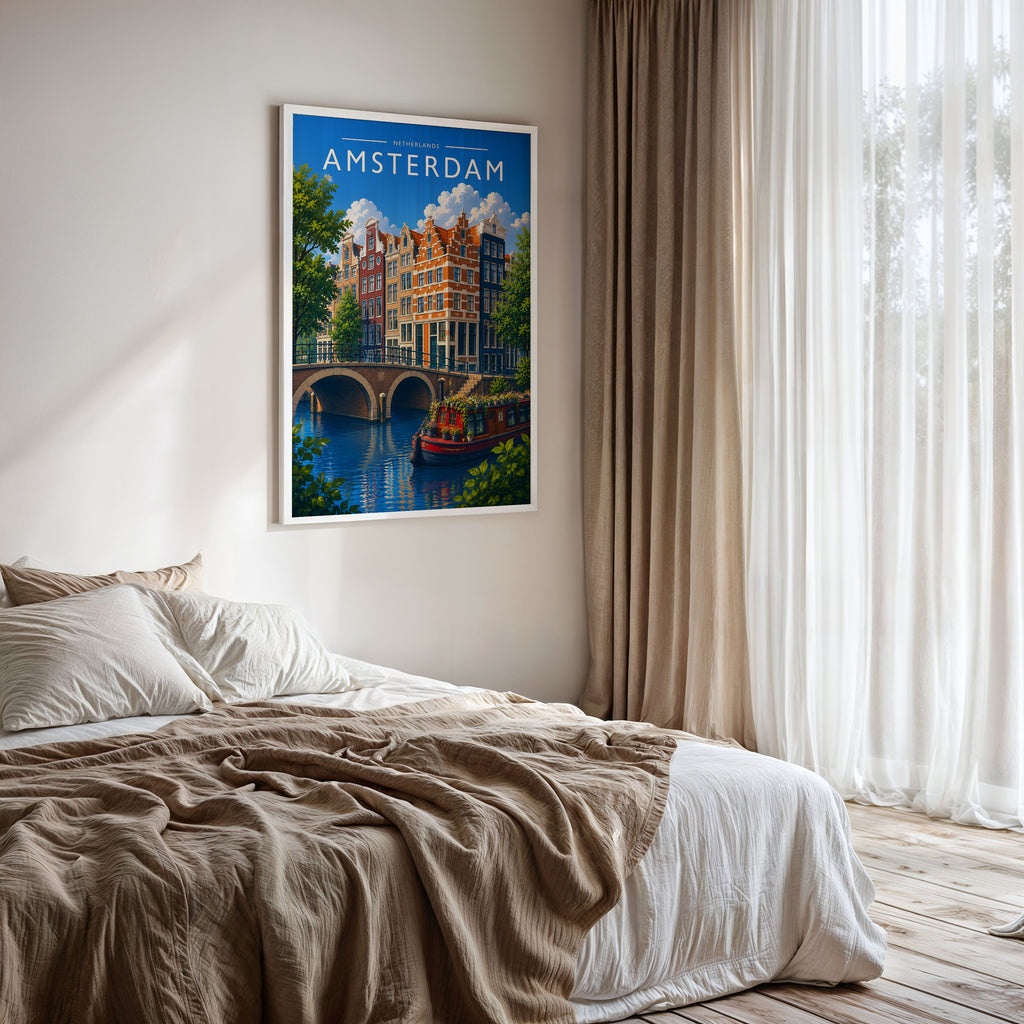Amsterdam #4 Travel Poster framed on a bedroom wall