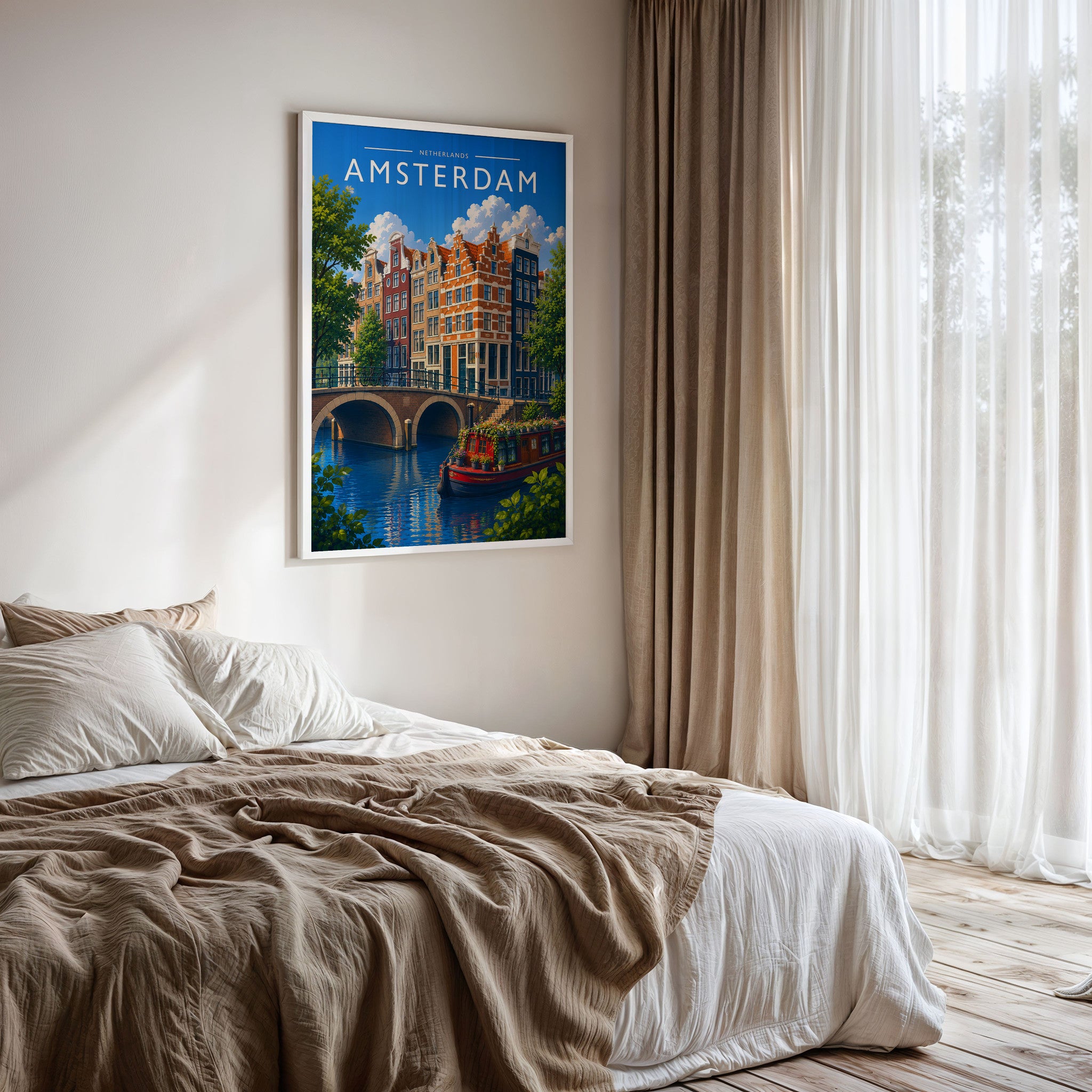 Amsterdam #4 Travel Poster framed on a bedroom wall