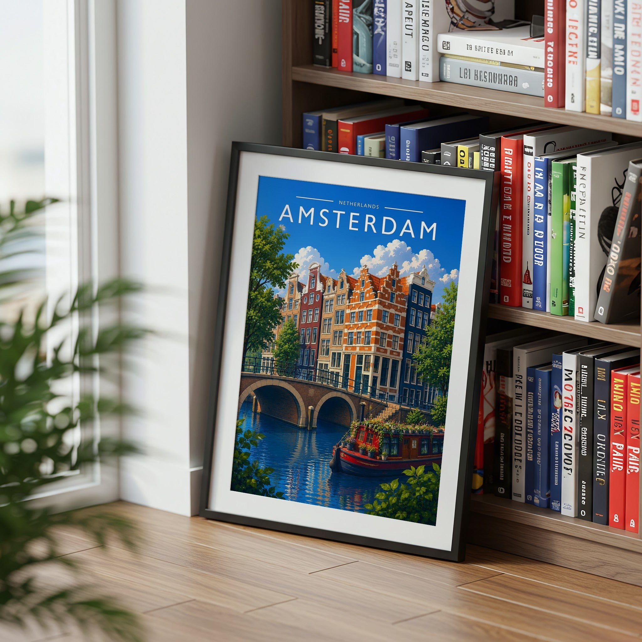 Amsterdam #4 Travel Poster mounted in a black frame