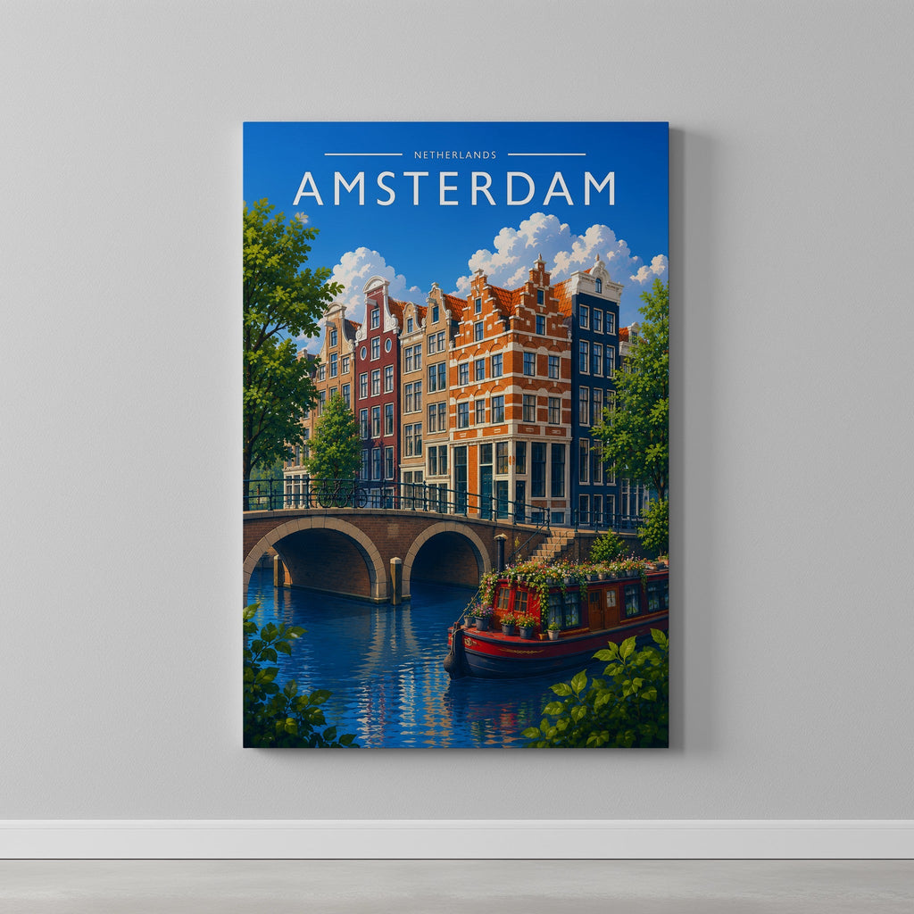 Amsterdam #4 Travel Poster as a gallery-wrapped canvas on a plain wall