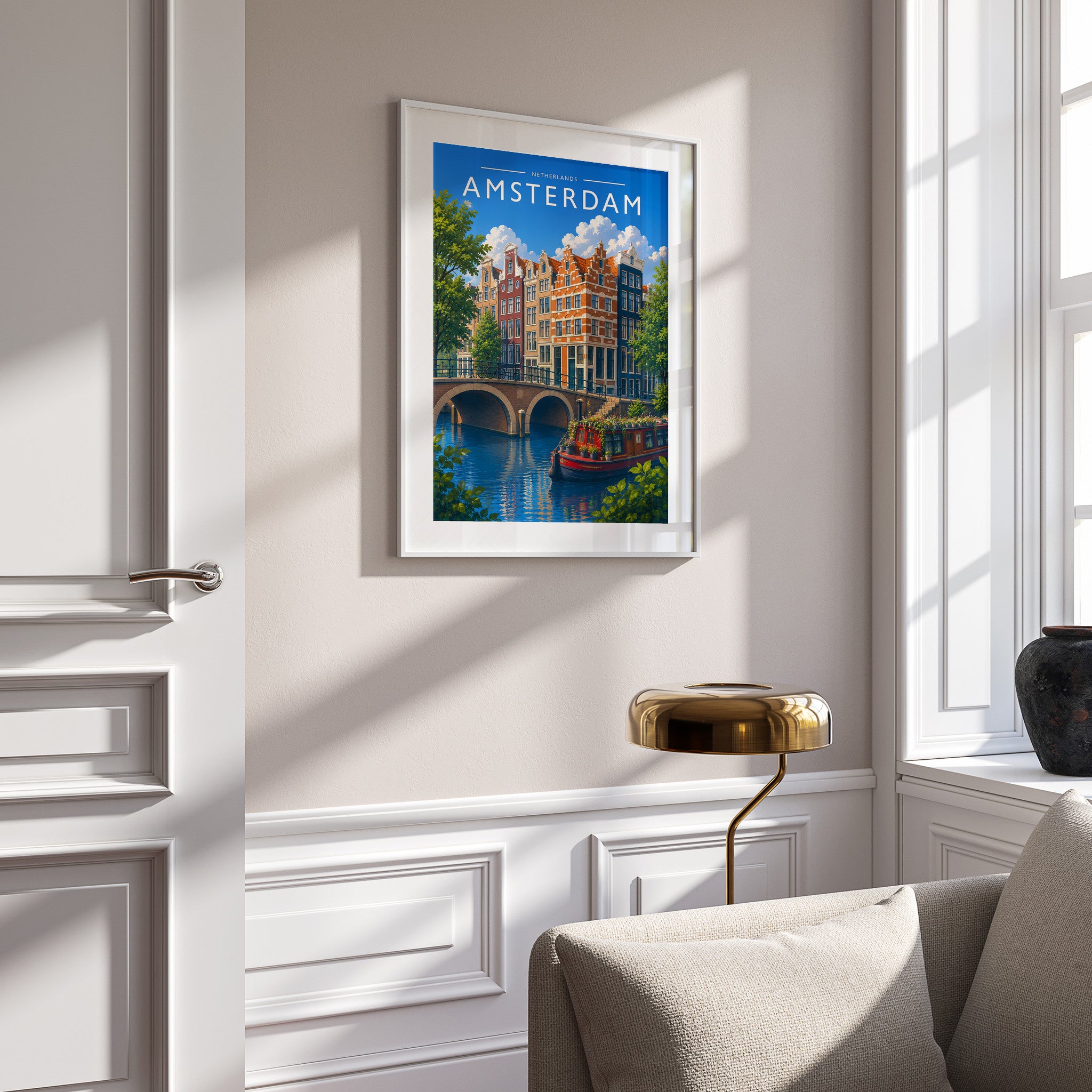 Amsterdam #4 Travel Poster in a white frame on a panelled wall