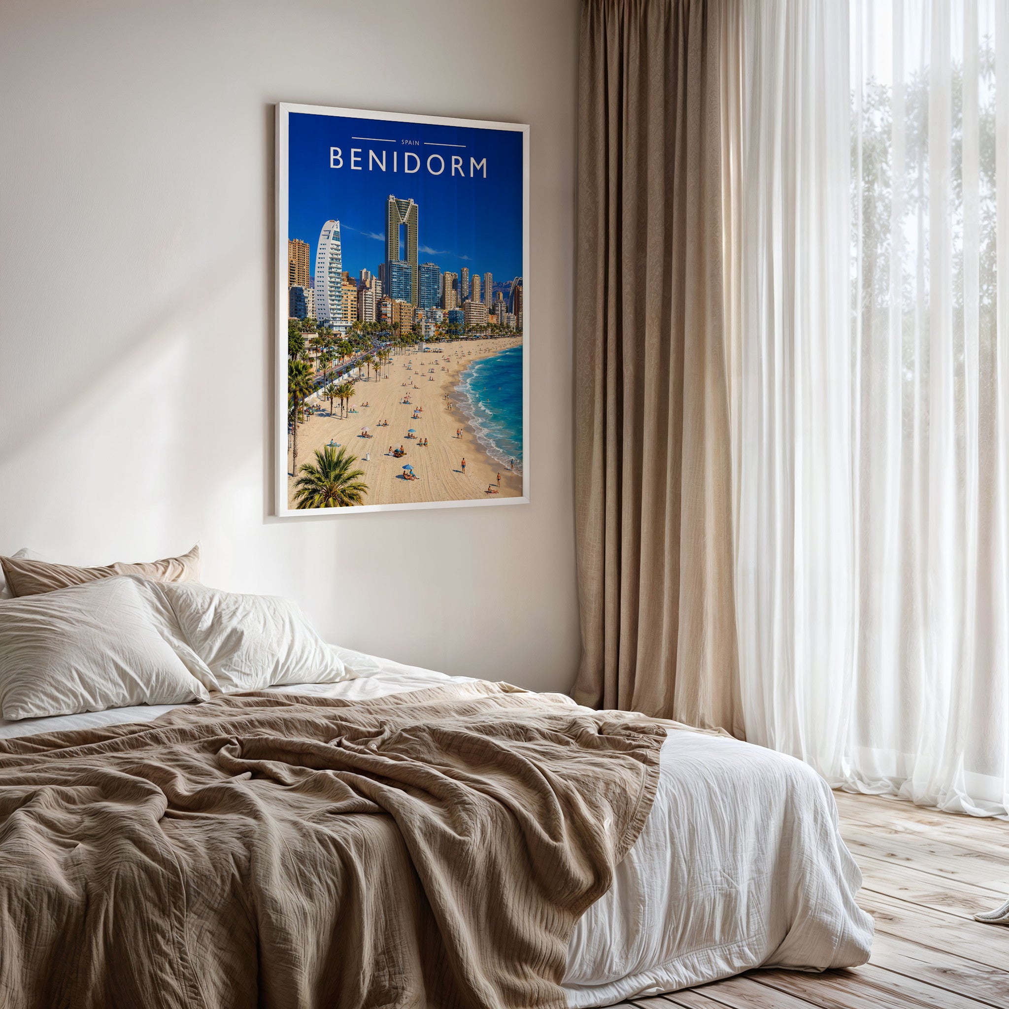 Benidorm #3 Travel Poster framed on a bedroom wall
