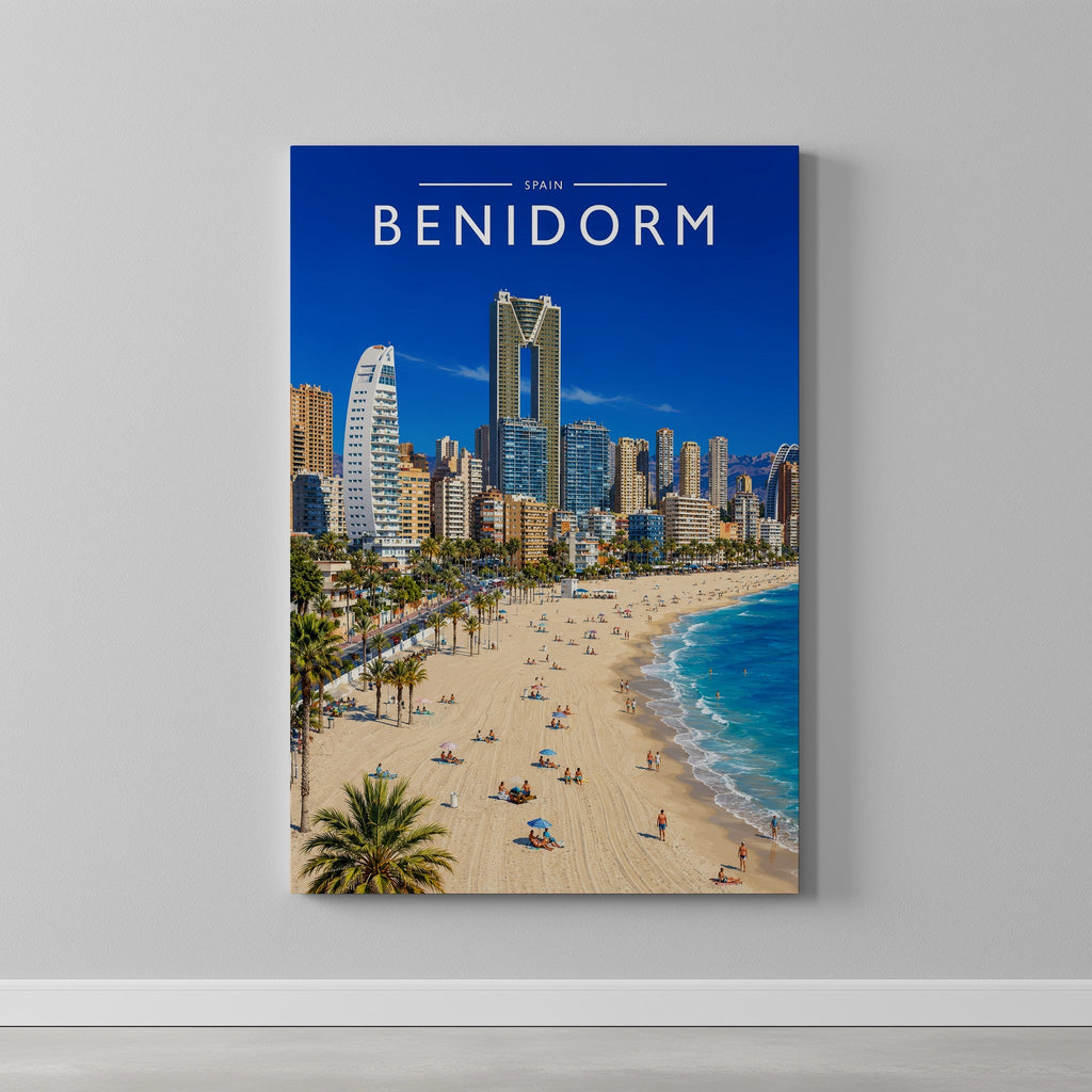 Benidorm #3 Travel Poster as a gallery-wrapped canvas on a plain wall