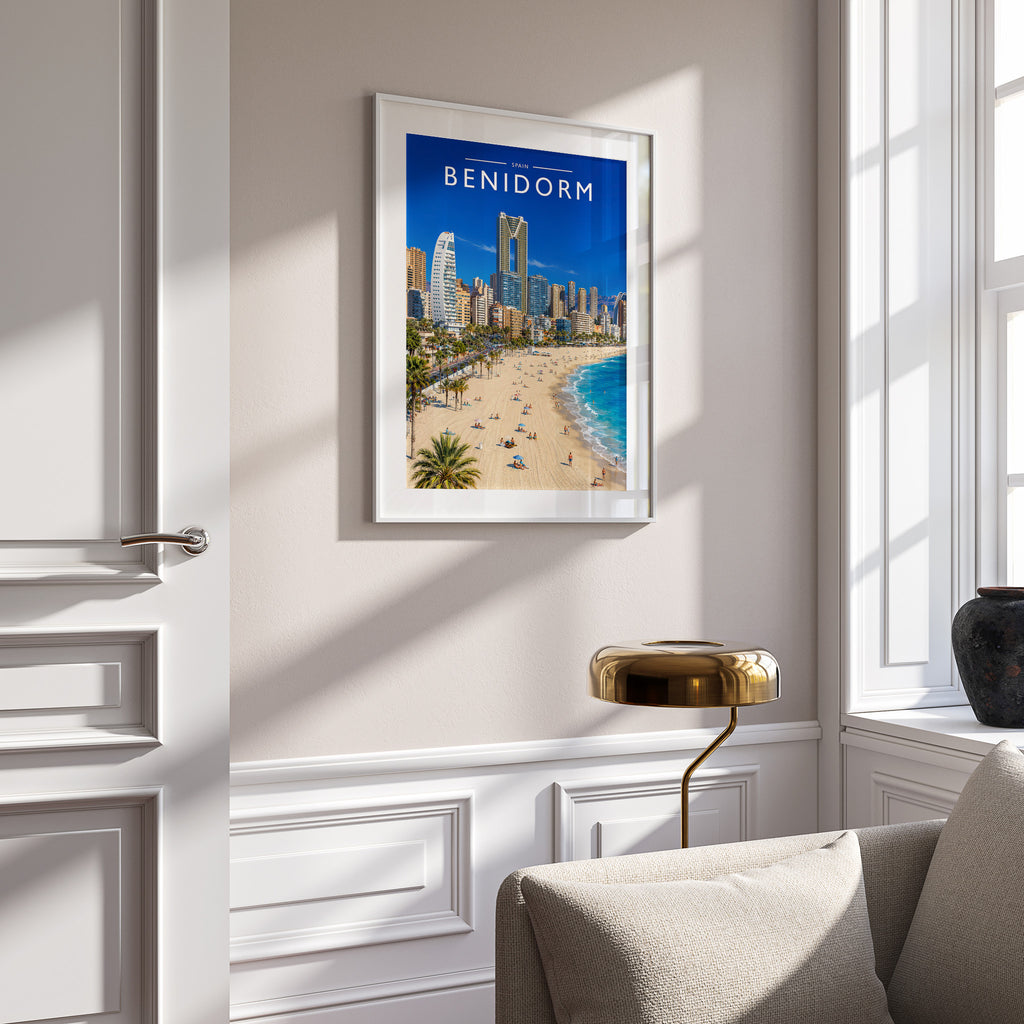 Benidorm #3 Travel Poster in a white frame on a panelled wall