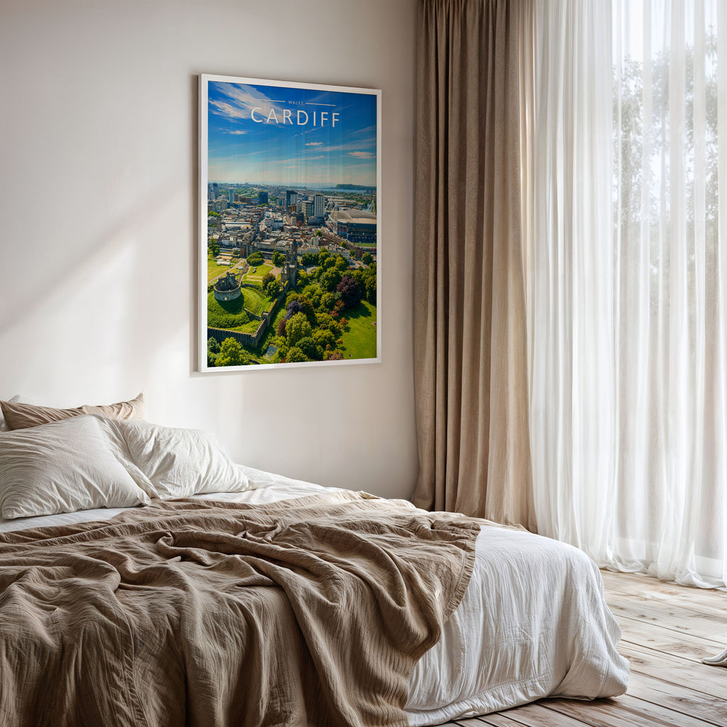 Cardiff #2 Travel Poster framed on a bedroom wall