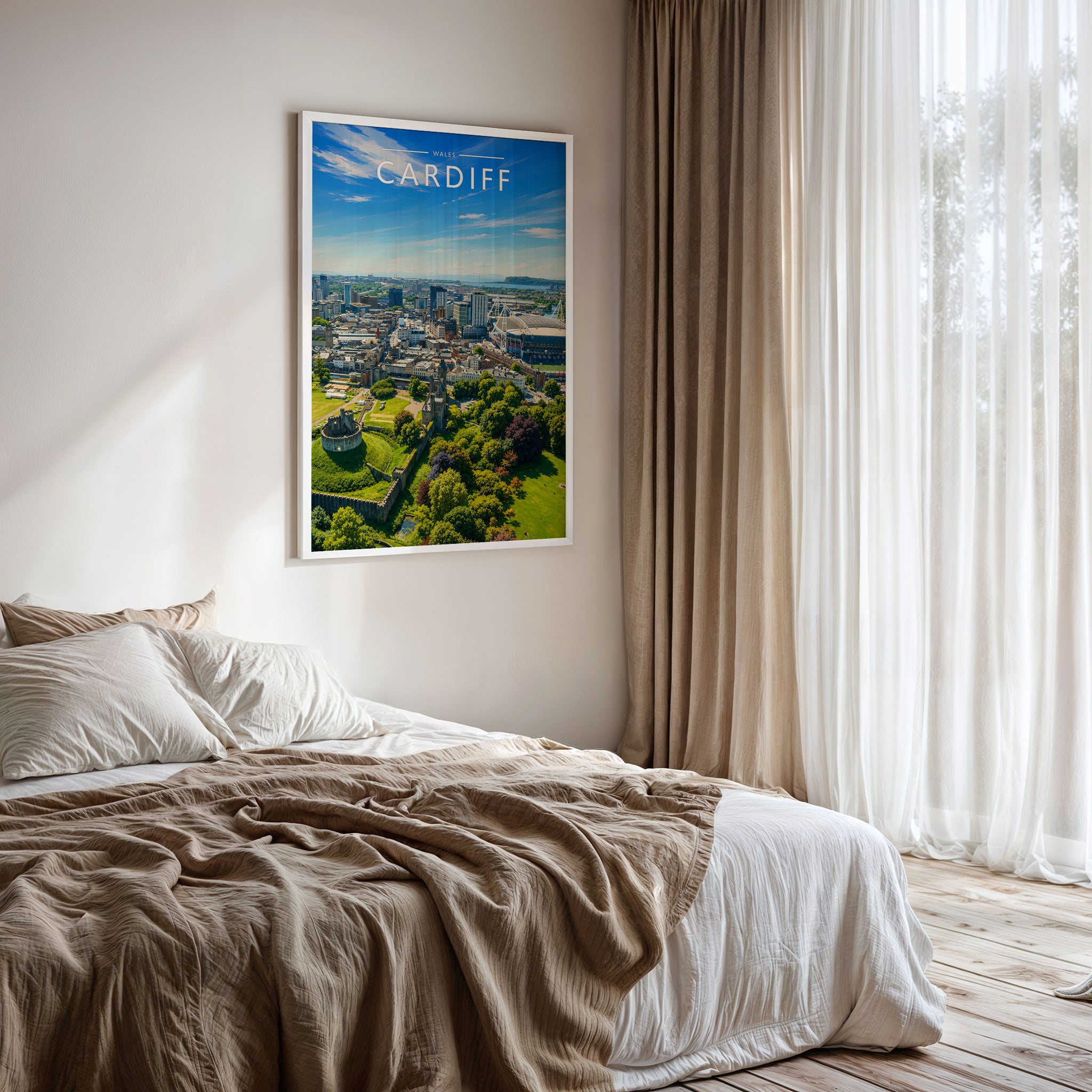 Cardiff #2 Travel Poster framed on a bedroom wall