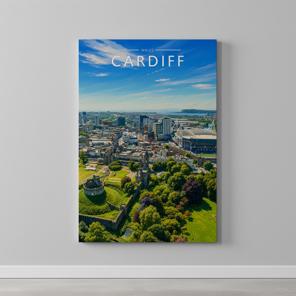 Cardiff #2 Travel Poster as a gallery-wrapped canvas on a plain wall