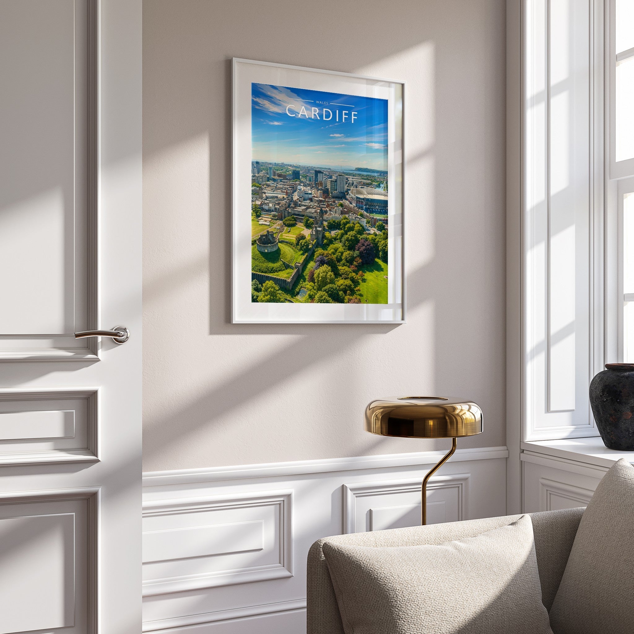 Cardiff #2 Travel Poster mounted in a white frame