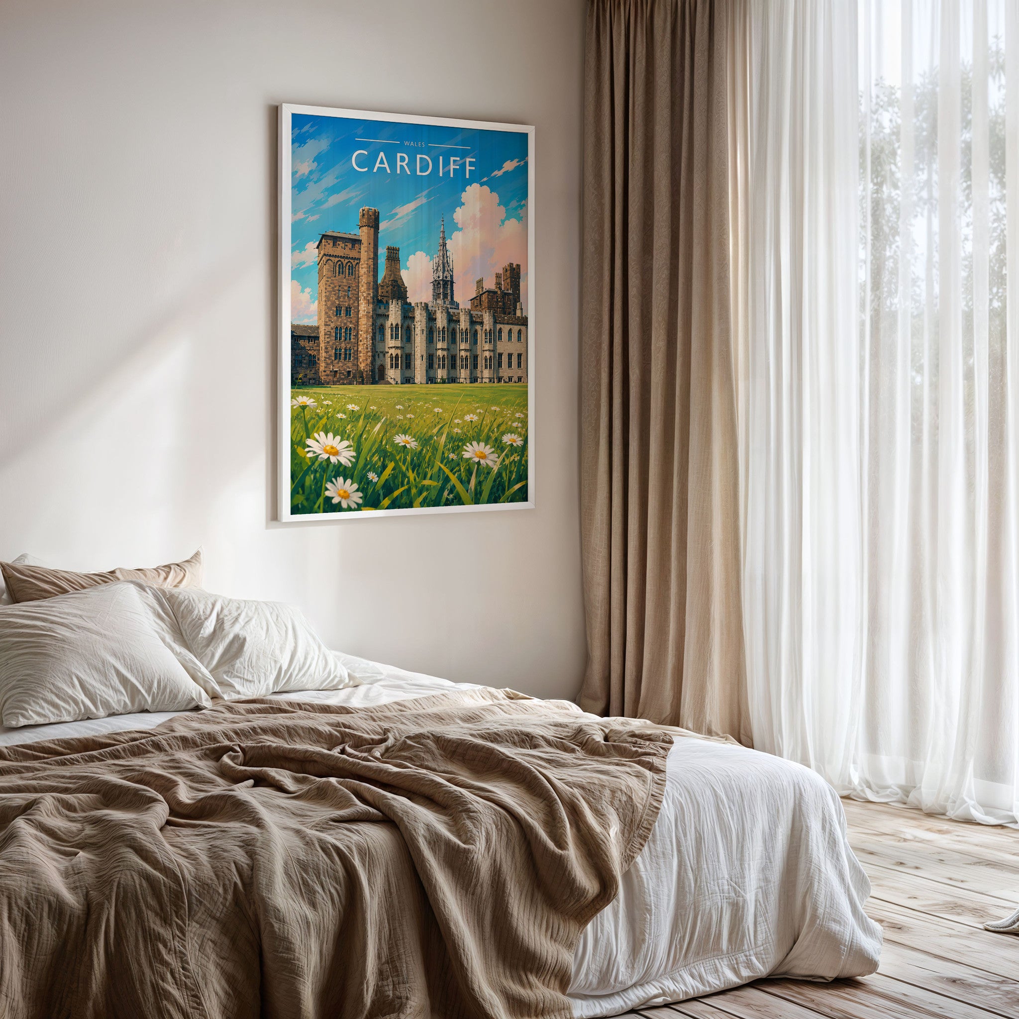 Cardiff #3 Travel Poster framed on a bedroom wall