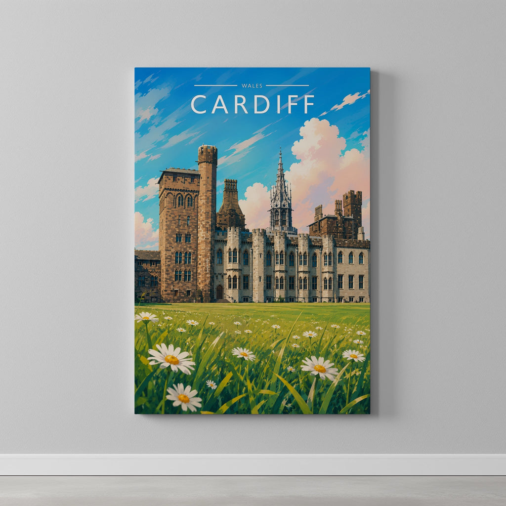 Cardiff #3 Travel Poster as a gallery-wrapped canvas on a plain wall