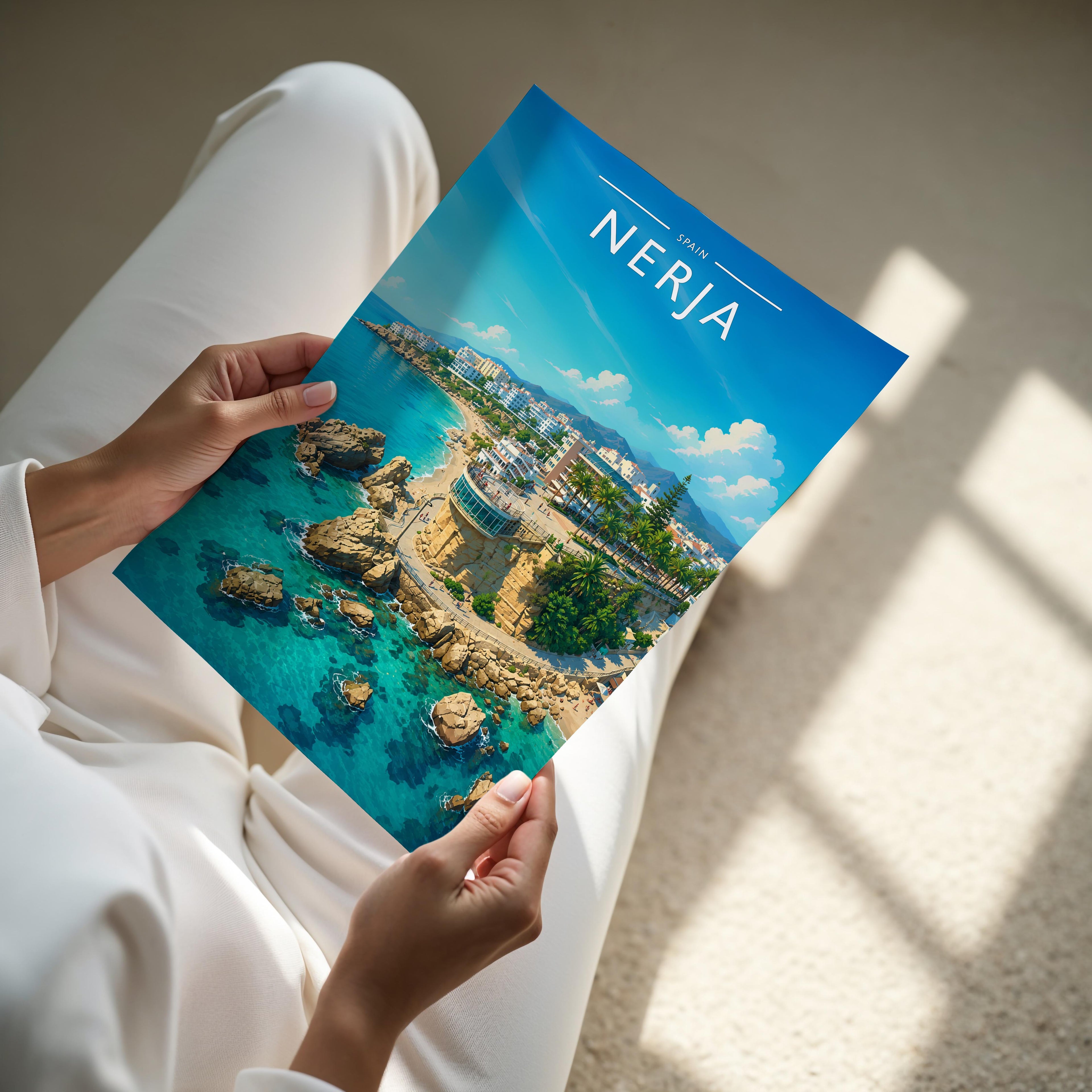 Nerja Travel Poster - A4 print held in hand