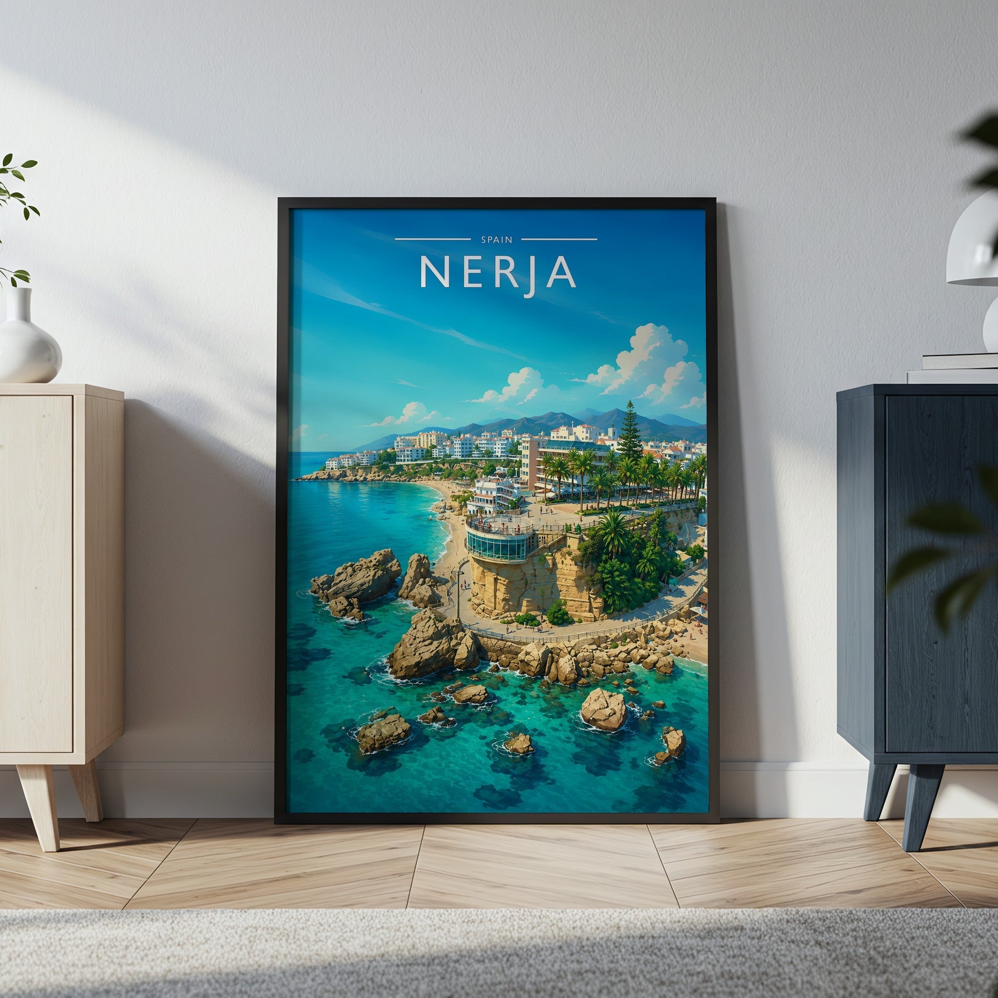 Nerja Travel Poster in a black frame
