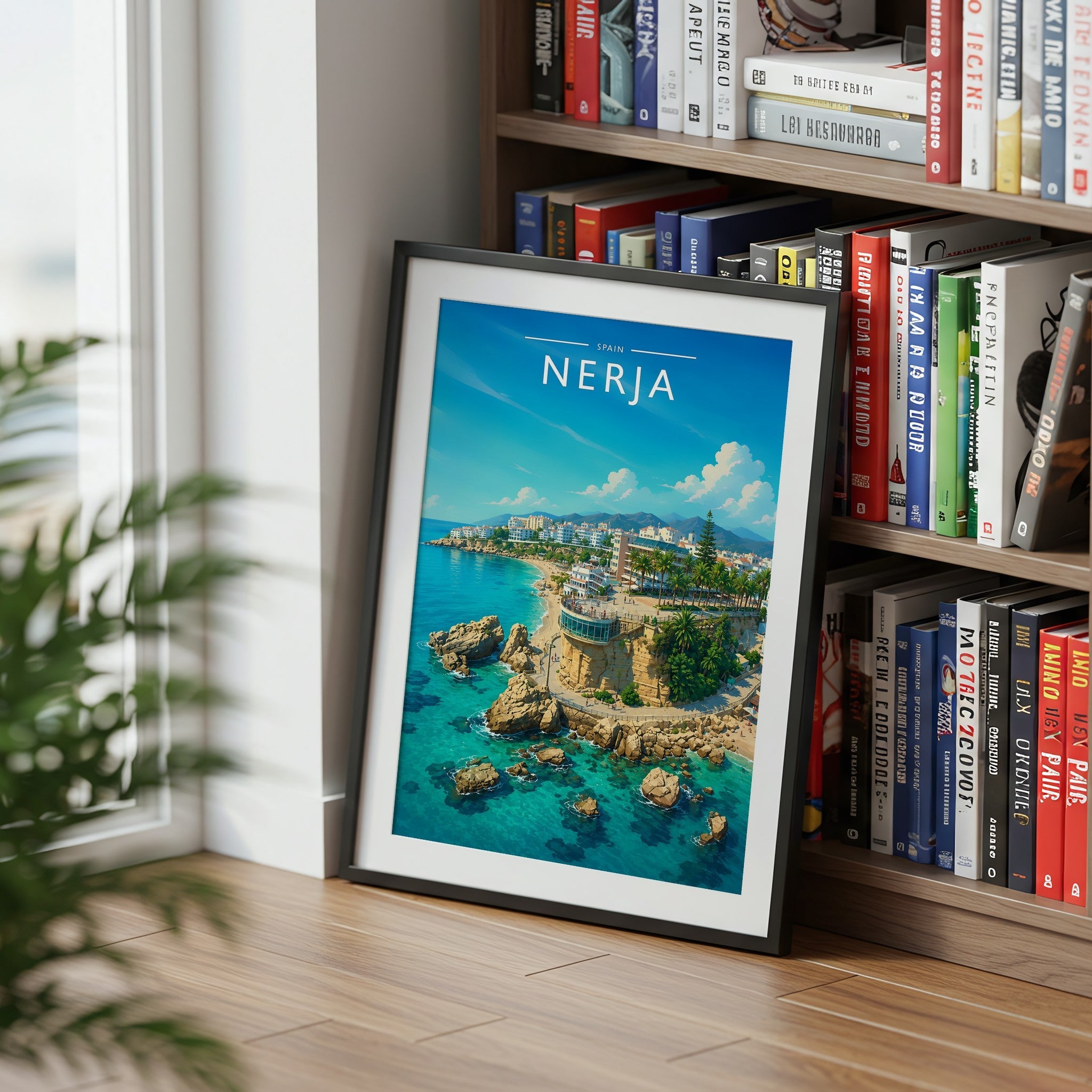 Nerja Travel Poster mounted in a black frame