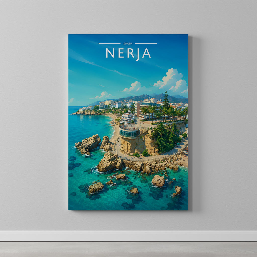 Nerja Travel Poster as a gallery-wrapped canvas on a plain wall