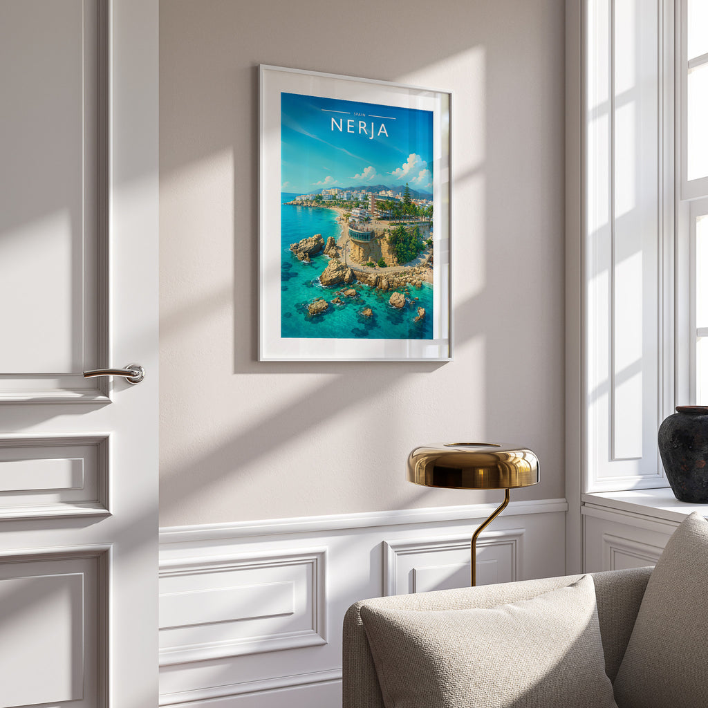 Nerja Travel Poster in a white frame on a panelled wall