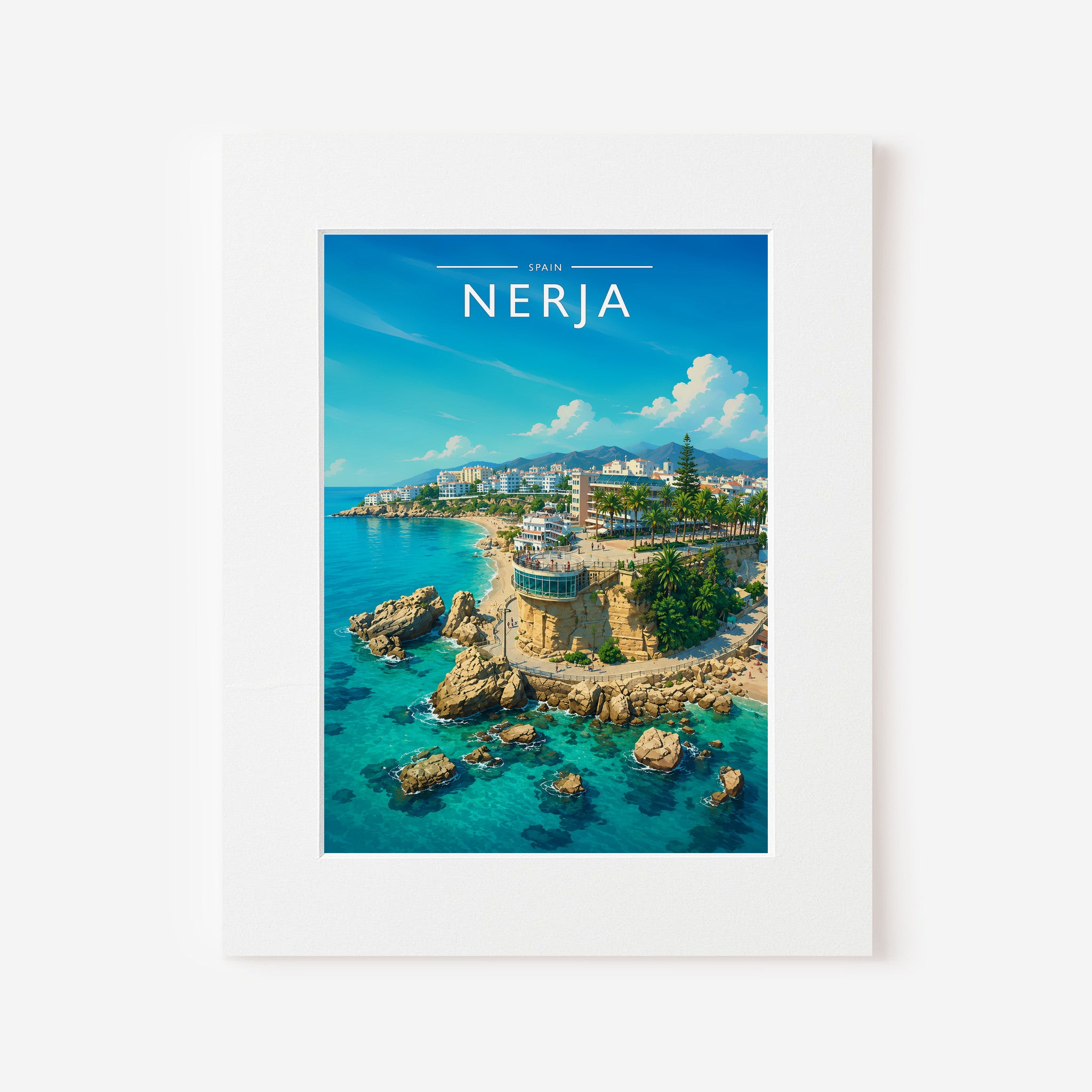 Nerja Travel Poster in a white mount