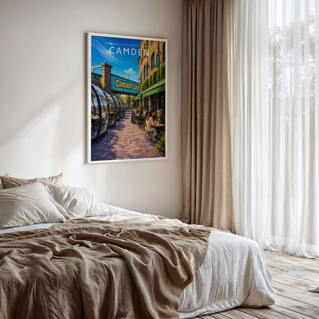 Camden Travel Poster framed on a bedroom wall