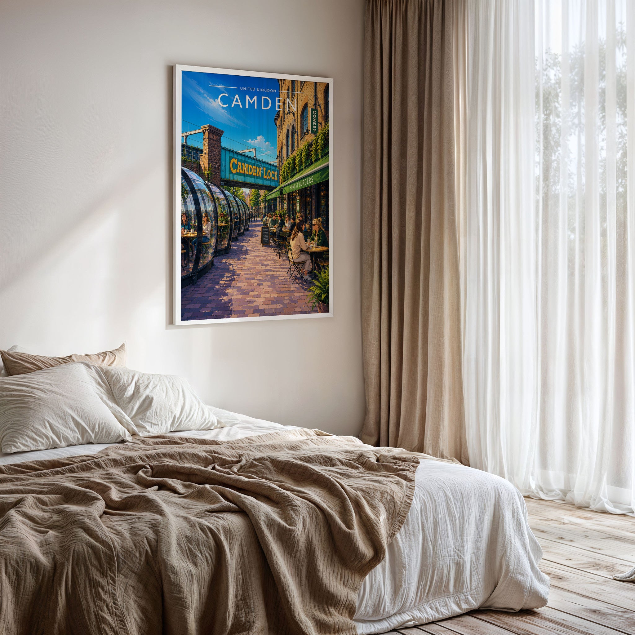 Camden Travel Poster framed on a bedroom wall