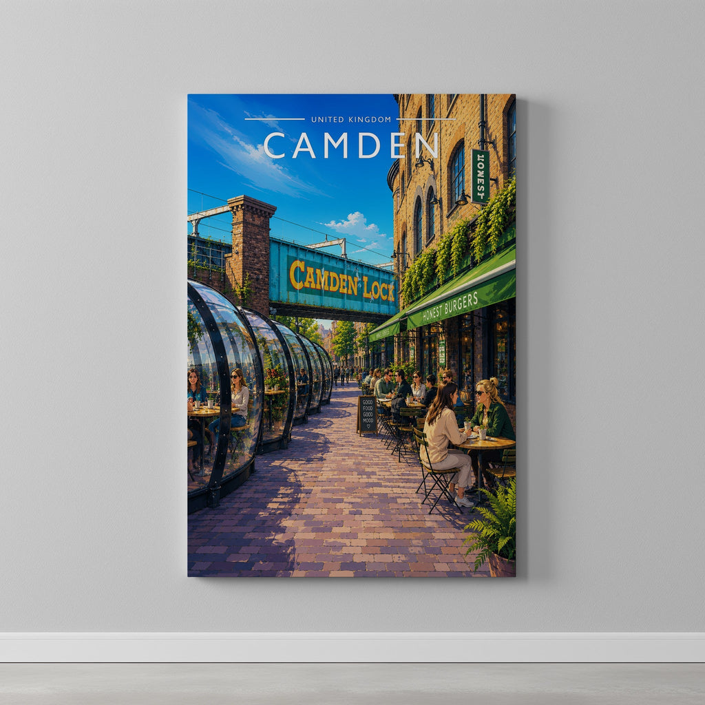 Camden Travel Poster as a gallery-wrapped canvas on a plain wall