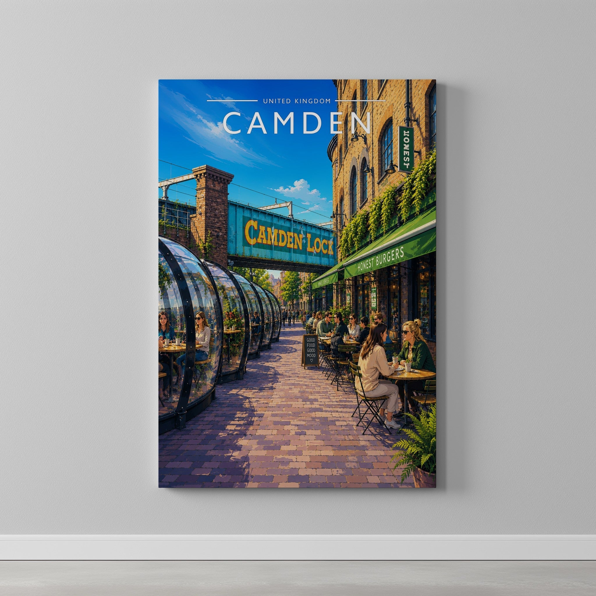 Camden Travel Poster as a gallery-wrapped canvas on a plain wall