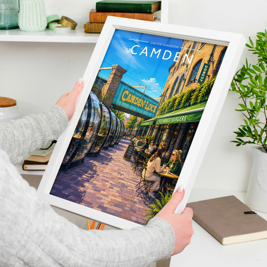 Camden Travel Poster in a white frame, held to show scale