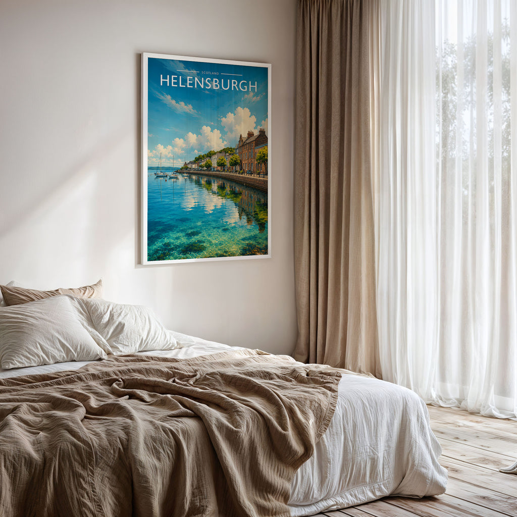 Helensburgh Travel Poster framed on a bedroom wall