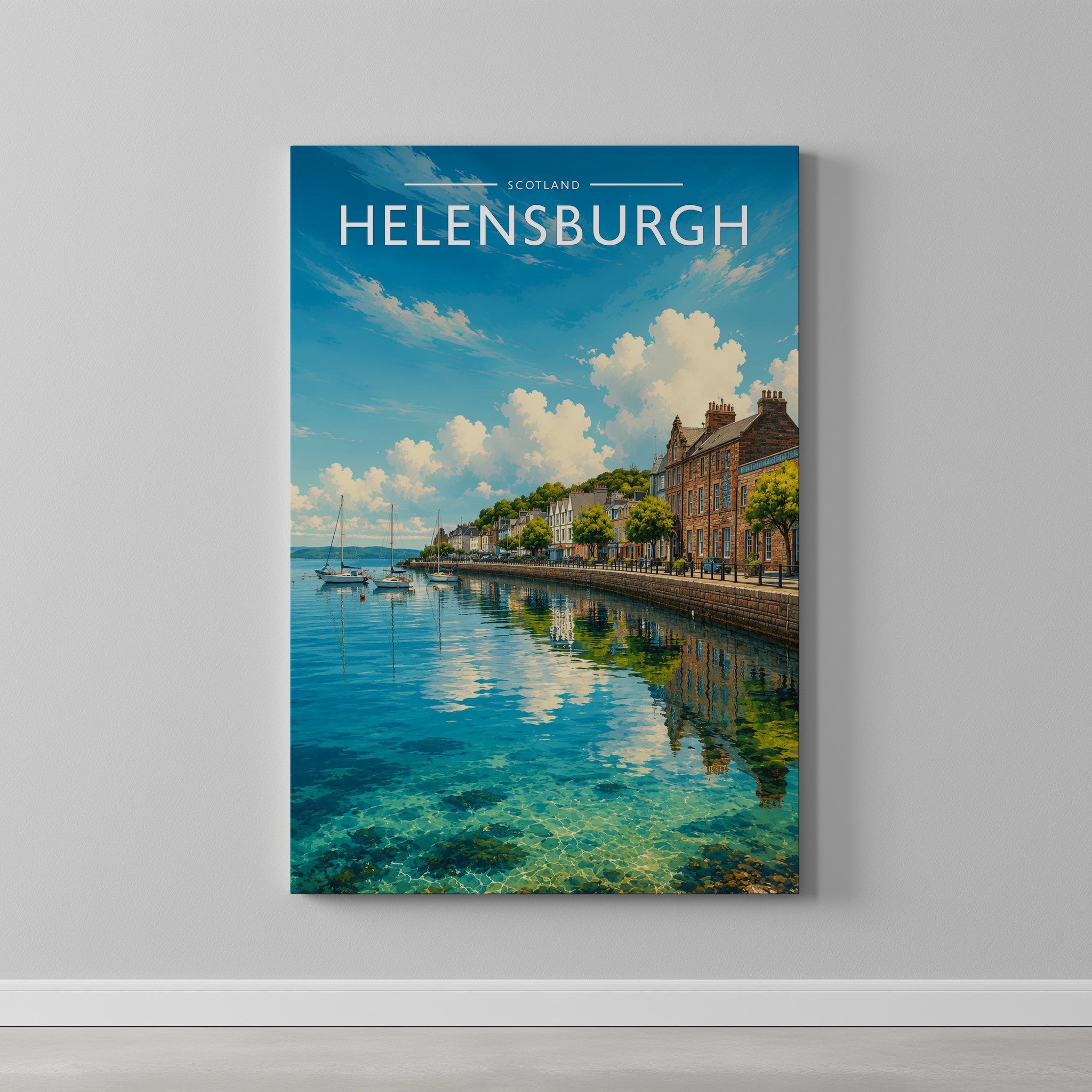 Helensburgh Travel Poster as a gallery-wrapped canvas on a plain wall