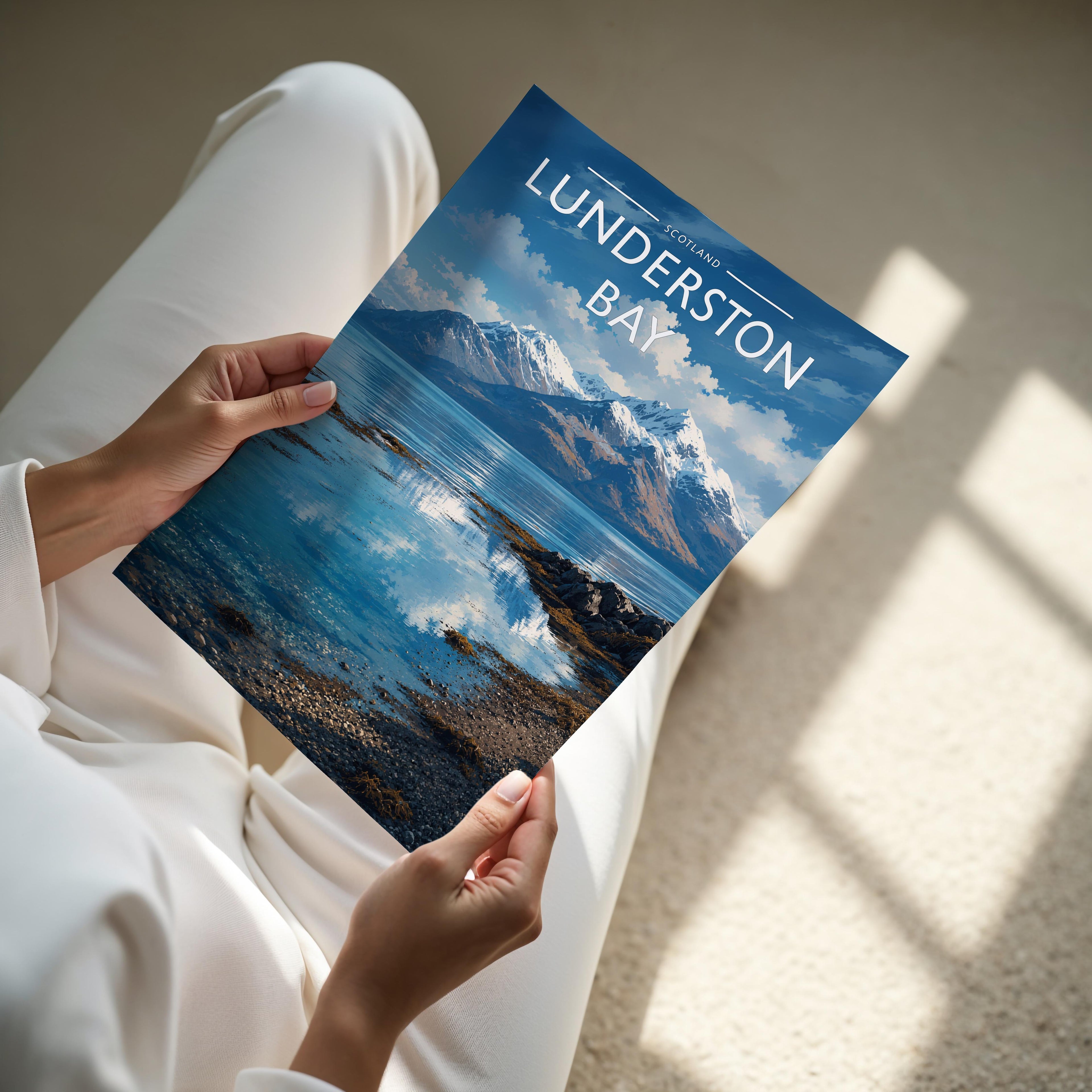 Lunderston Bay Travel Poster - A4 print held in hand
