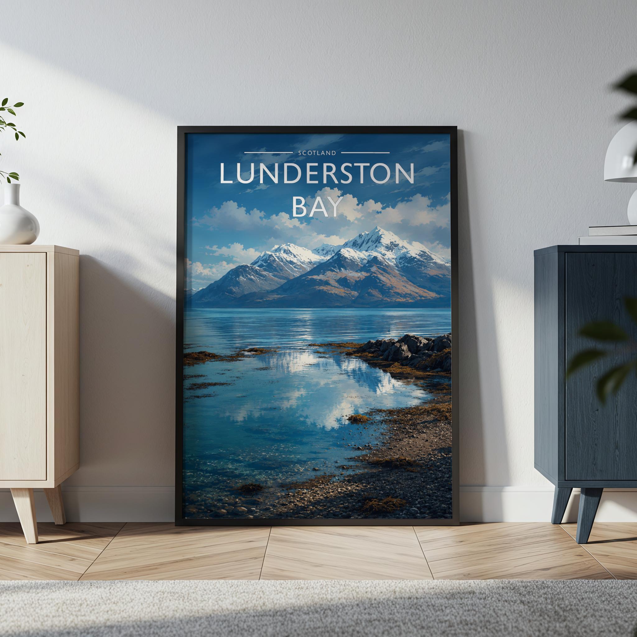 Lunderston Bay Travel Poster in a black frame