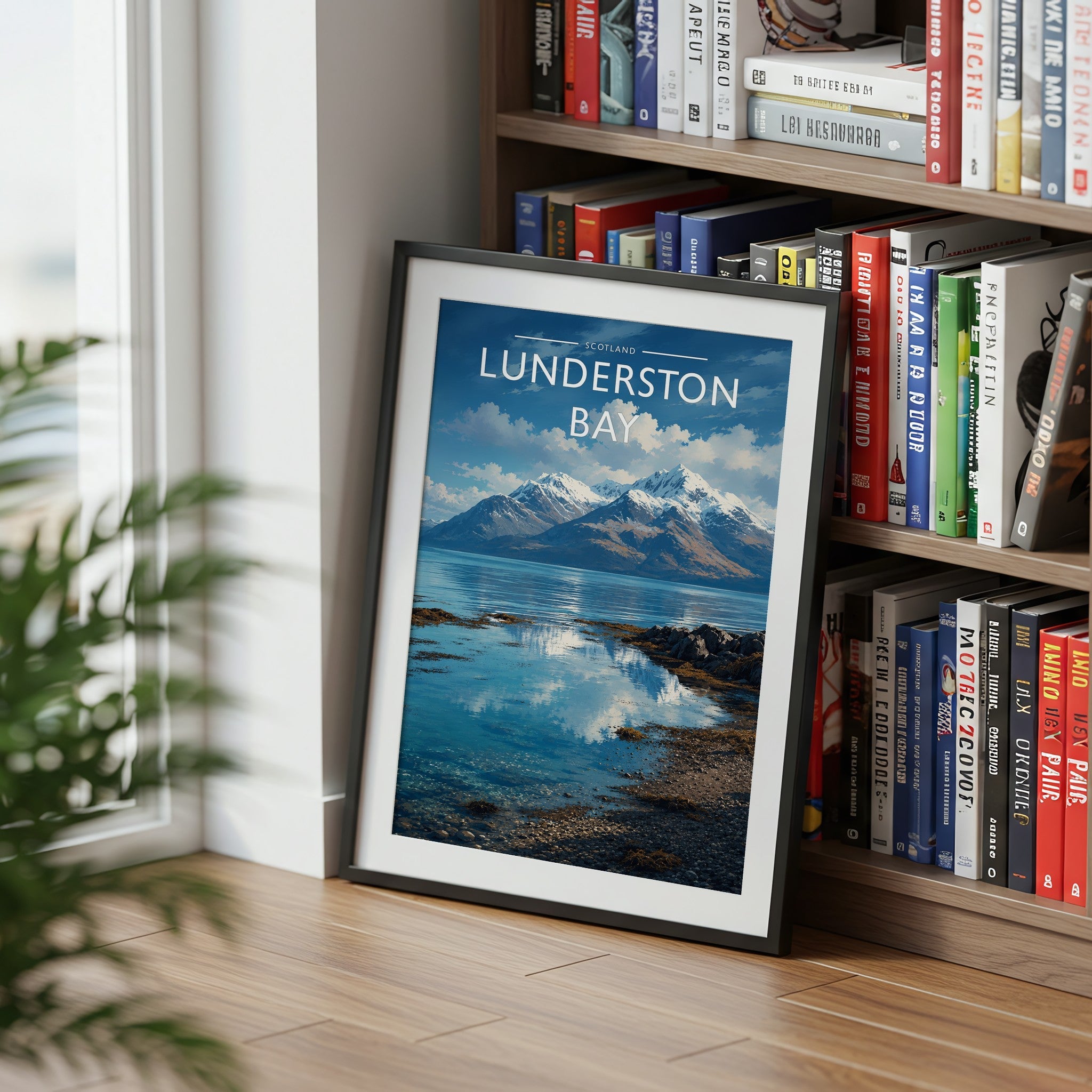 Lunderston Bay Travel Poster mounted in a black frame